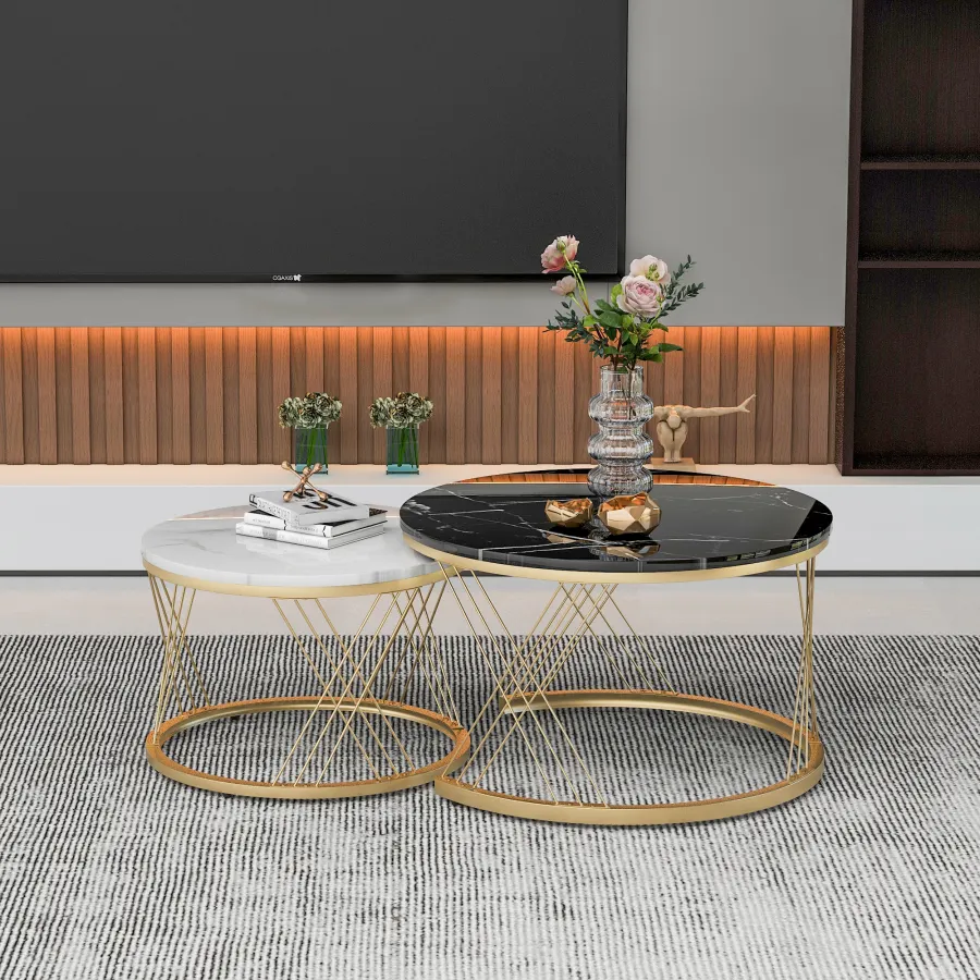 Set aus 2 runden Couchtischen mit Marmor-Optik