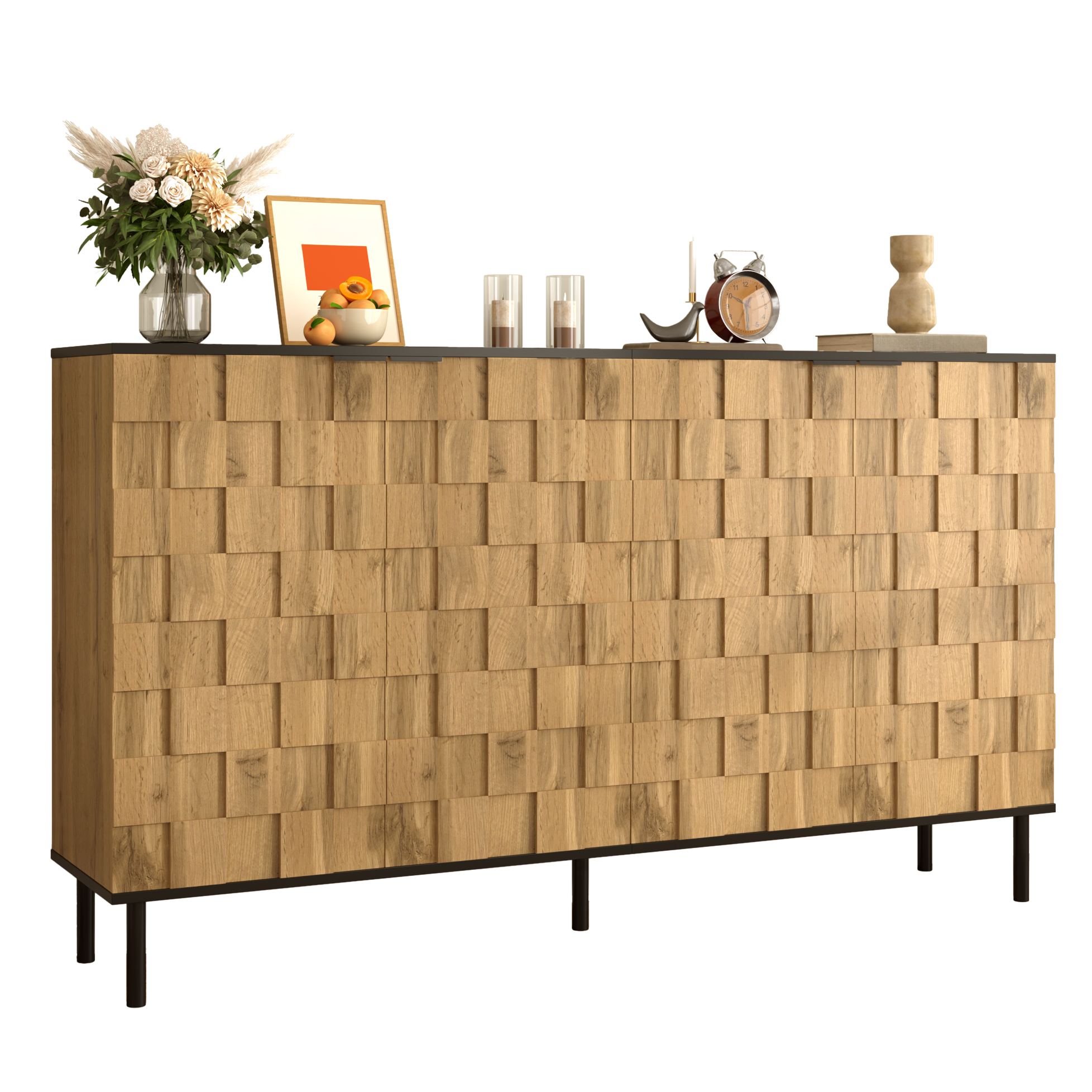 Mosaik-SMosaic Sideboard, 2-door Cabinet, Wood Look Storage Cabinet, Chipboard, Metal Feet, For Living Room & Hallway