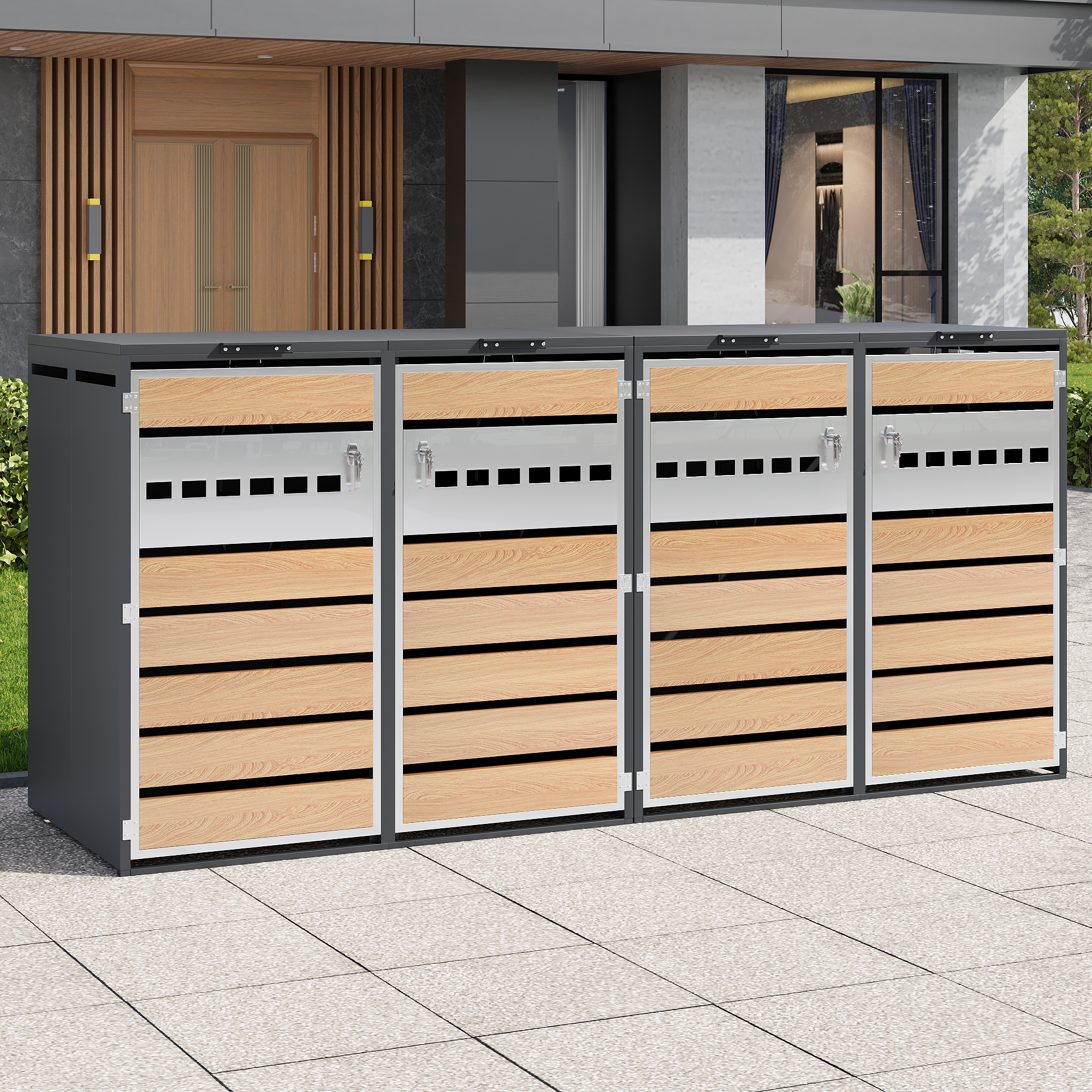 Trash Can Box, With Hinged Lid, Trash Storage Compartments,Lockable, Four Doors,Horizontal Wood Grain Blocks