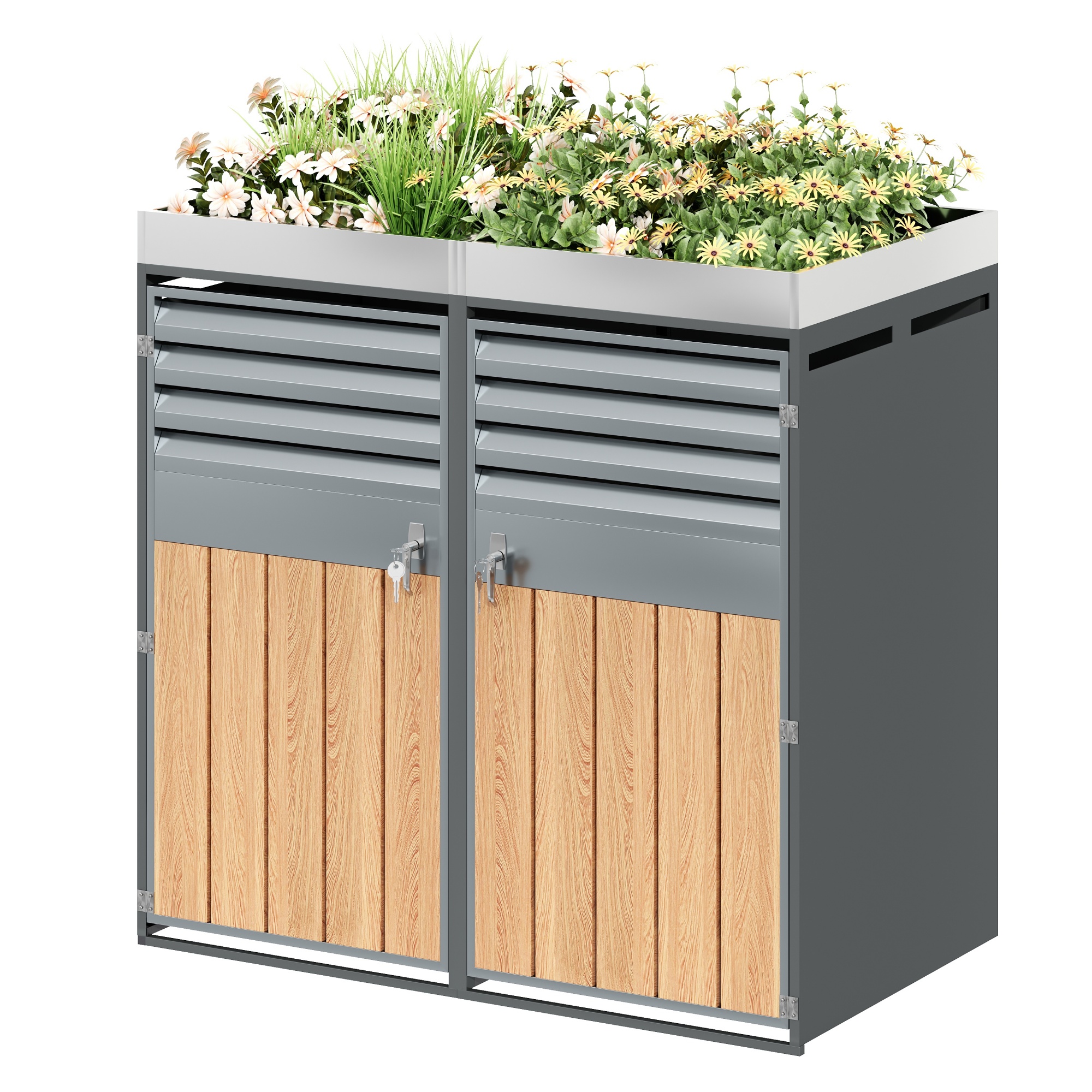Garbage Can Box, Ventilation Opening With Slats, Trash Storage Compartments, Lockable, Two Doors, Planting Area