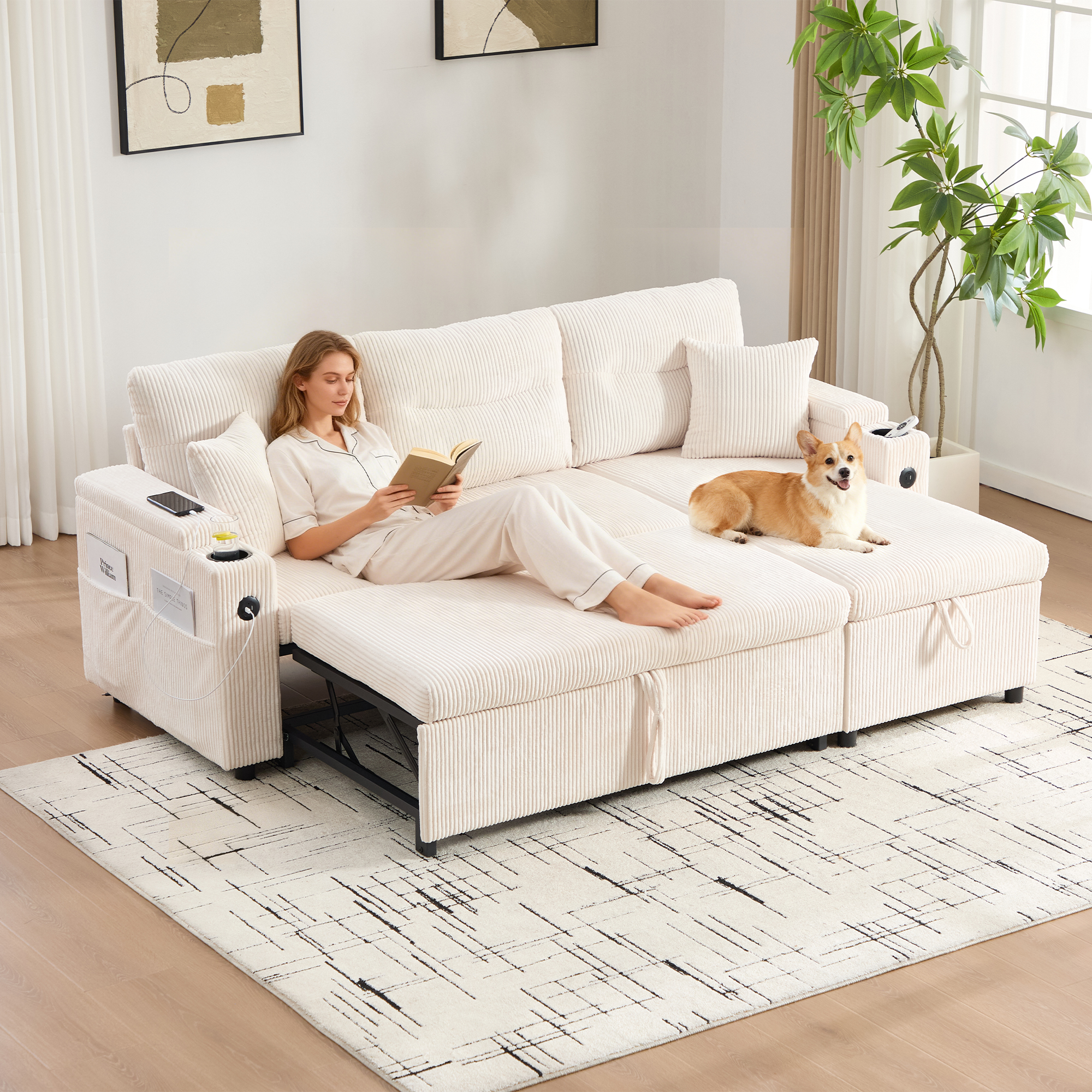 Modern 3-person Cordsofa With Storage, Beverage Racks And USB-C. Hydraulic Chaise Longue And Drawer Bed - Stylish Design Meets Comfort, Flexibility An