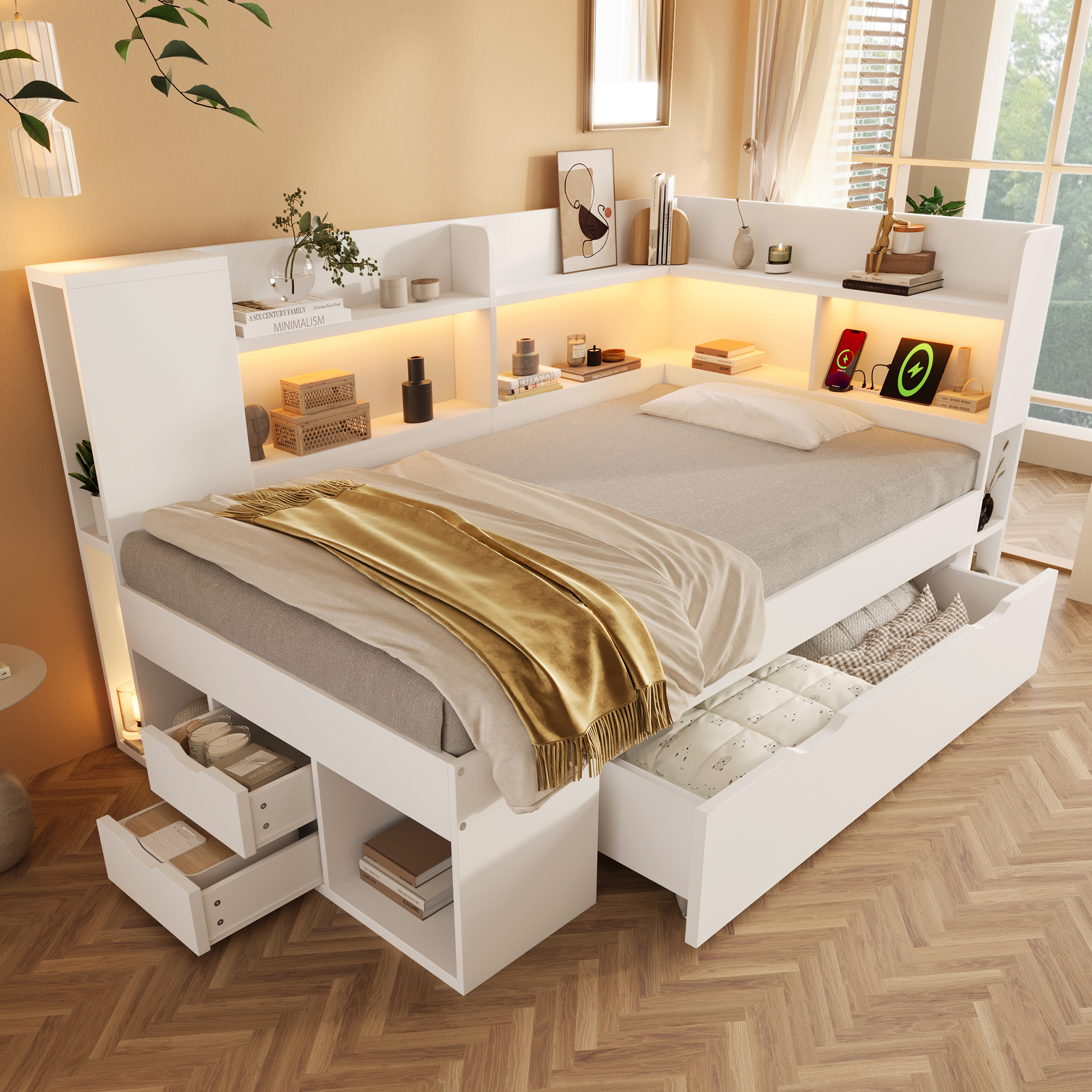 Daybed 90x200 Cm White Functional Bed With LED Lighting Single Bed Made Of Wood-based Material With USB & Type-C Charging Station Storage Space Shelves And Drawers Youth Bed Incl. Slatted Frame  Witho