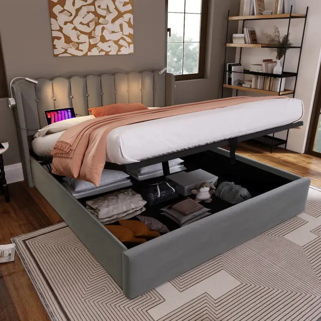 Upholstered Bed Double Bed Reading Light With Charging Headboard Stora