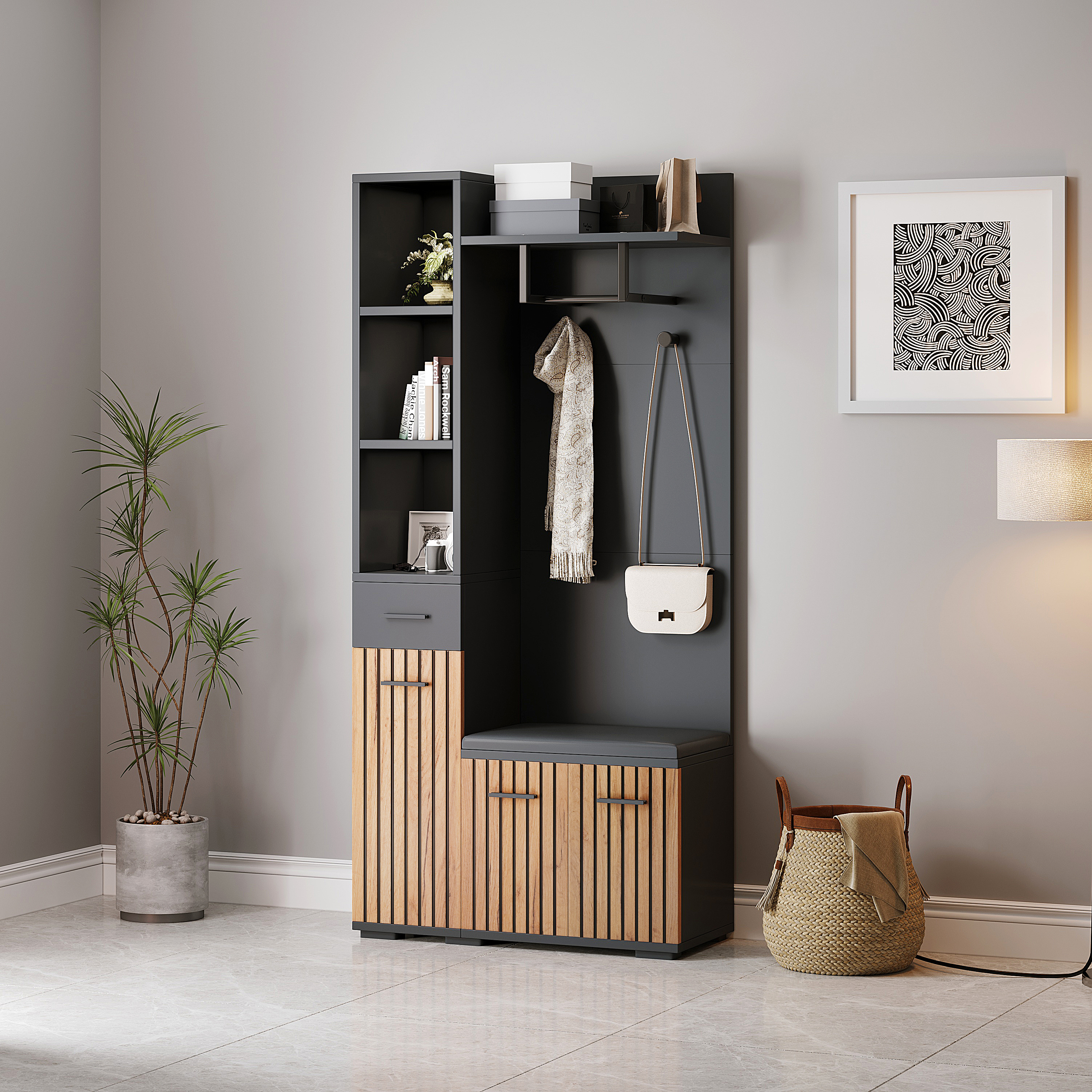 N625P313944945Z 80x35x175cm Compact Coat Racks,Home, Storage Cabinet With 2 Coat Hooks,Wardrobe Set Entrance Cabinet, Coat Rack With Shoe Bench,Uphols