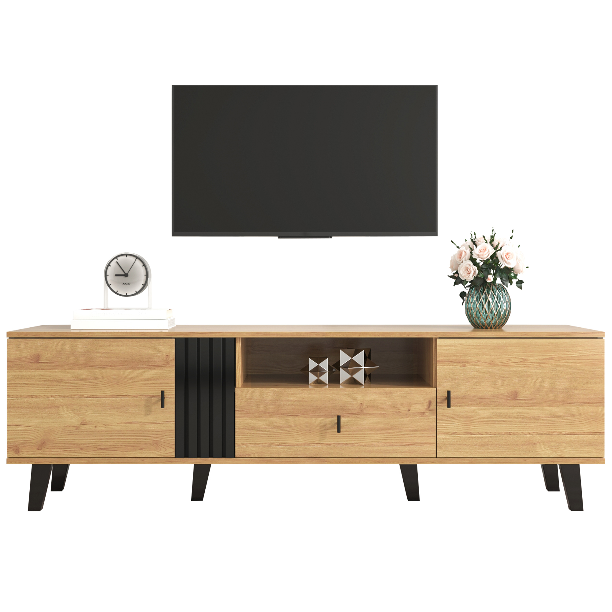 Stylish Elegance 170cm TV Cabinet With Wood And Black Design, TV Stand, Lowboard With Drawers, Multiple Storage Functions, Unique Appearance.  OLD SKU WF313225226SAA