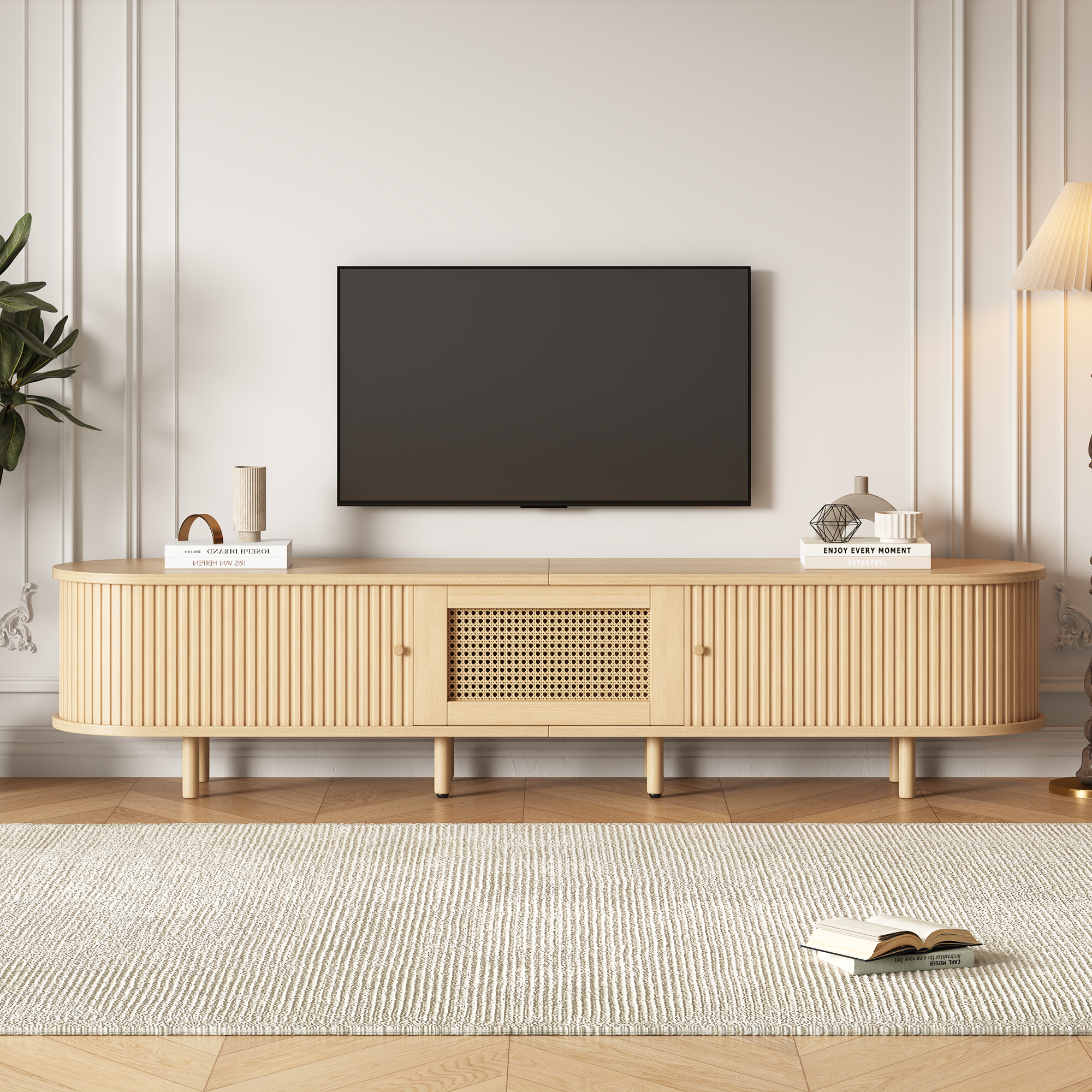 Modern TV Stand Lowboard, TV Cabinet With Round Design And Roller Blind Door, Made Of MDF, With Drawer,TV Cabinet For TVs Up To 75 Inches,Suitable For Living And Dining Room,180x40x40cm,wood Color