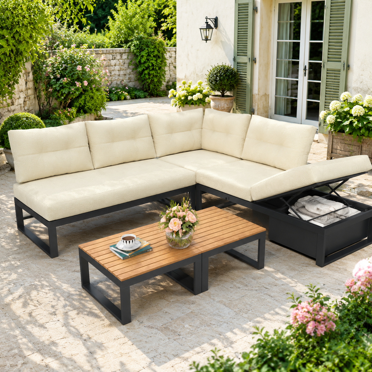 Multi-purpose Garden Furniture Set With 3-stage Adjustable Backrest And Reclining Function, Thick Comfort Cushions, Storage Space And Weatherproof Polyester Cover - For Terrace, Balcony And Garden.