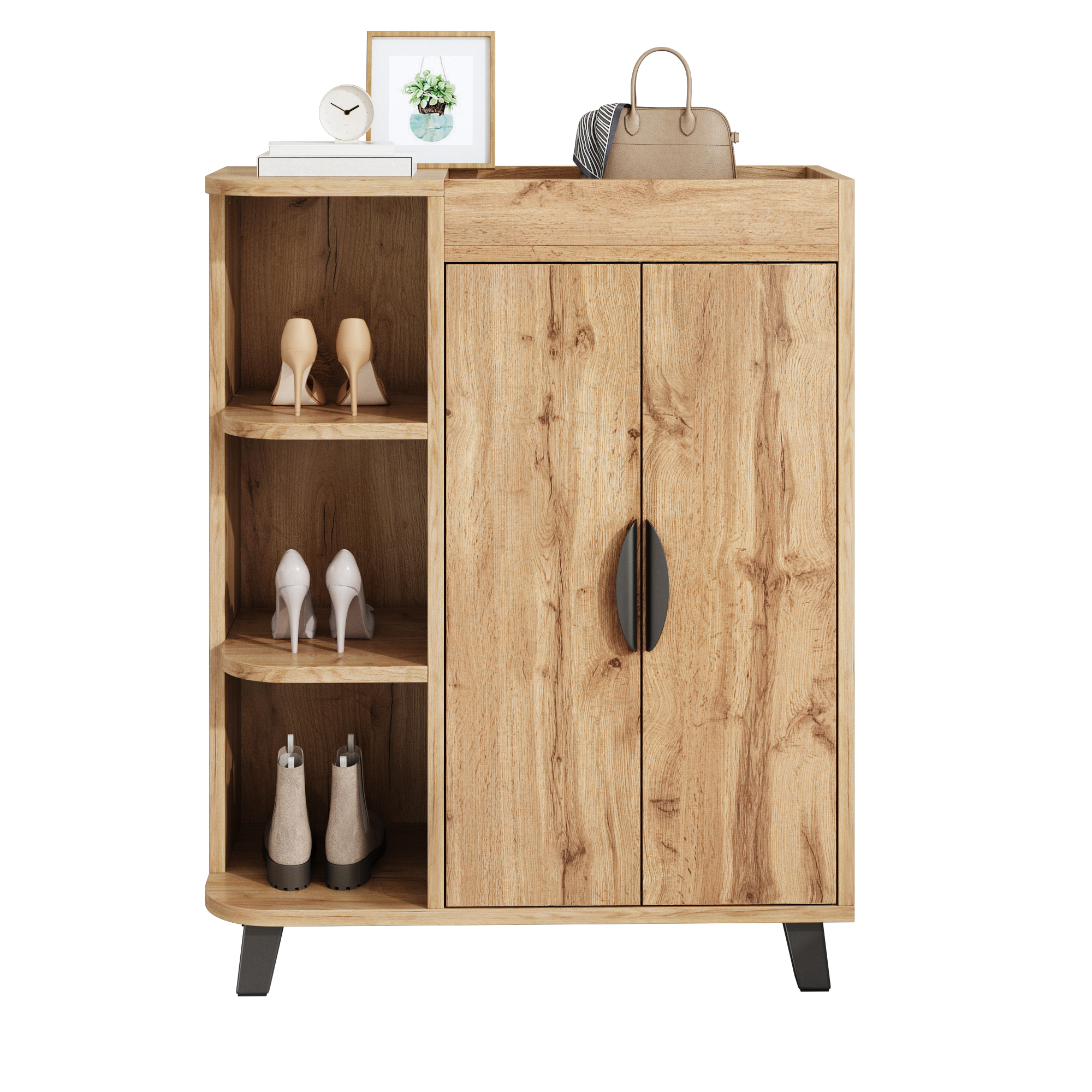 Narrow Shoe Cabinet, Double Door Shoe Cabinet, Shoe Rack With Open Compartments, Wood Effect, Multipurpose Cabinet For Hallway, Small Shoe Cabinet For Small Spaces, With Top Storage Compartment