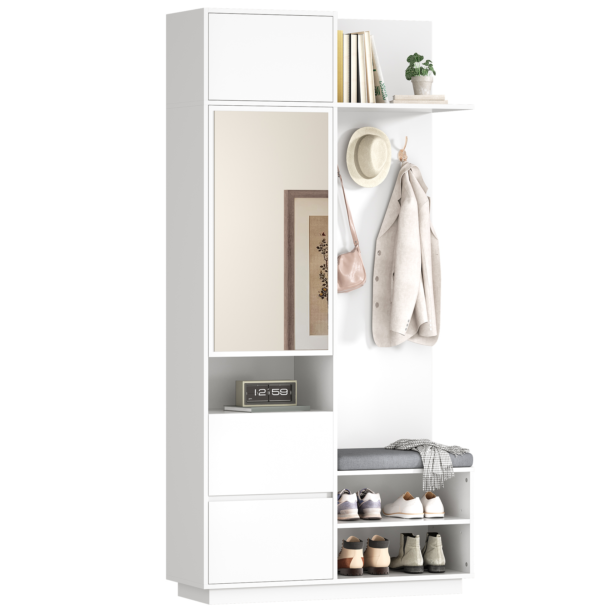 Armoire compacte avec miroir et banc, crochets d'armoire à chaussures de couloir,
