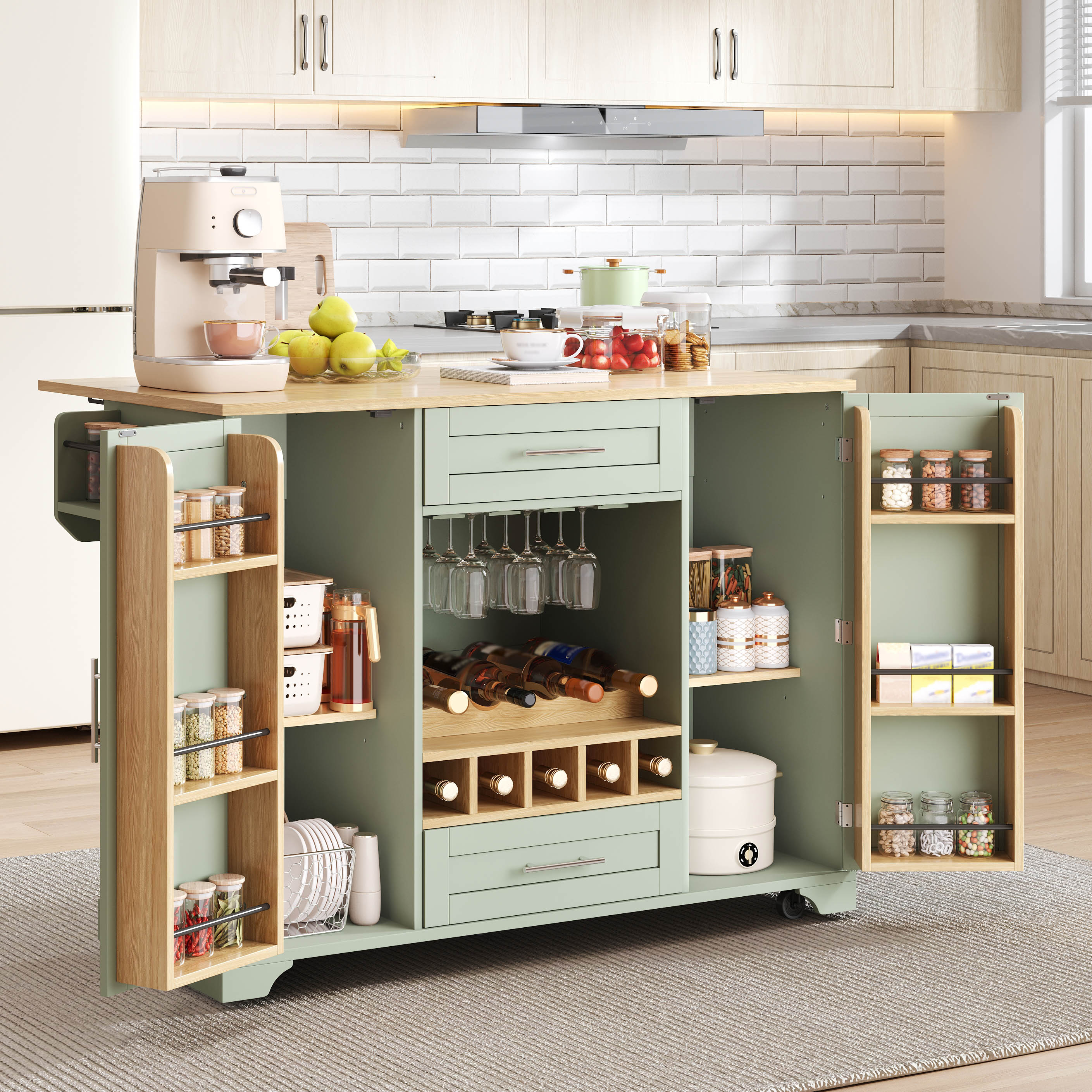 Kitchen Trolley With Folding Worktop, Kitchen Island On Wheels With Wine Rack, Glass Holder, Spice Rack & Towel Rack, 120x45 70x92cm, Green  Multifunctional Serving Trolley With Storage