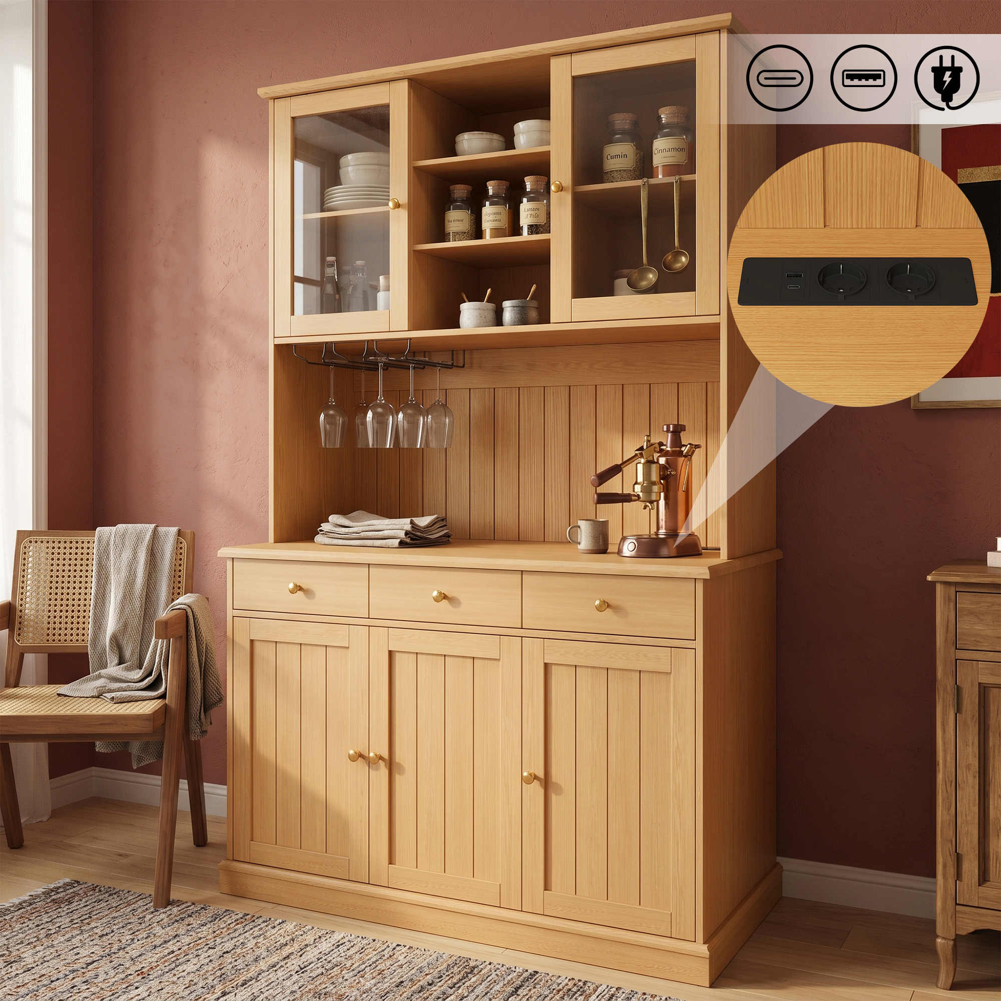 Buffet Cabinets, Dining Room Tall Cabinet 120x40x191 Cm, With Glass Doors, Glass Holder, Multi-level Storage Space, Integrated Socket And USB-C And USB-A Ports, Natural Colour