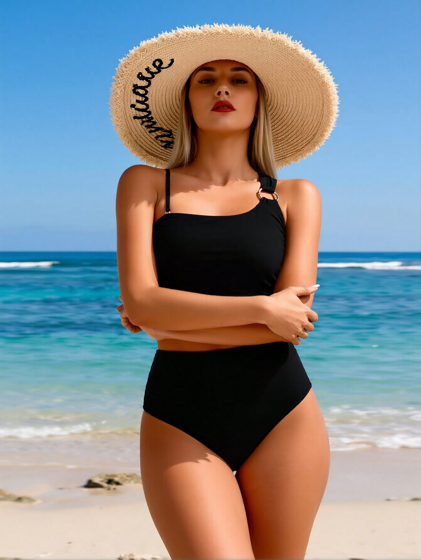 2026 New Women's Sexy Fashion Black Asymmetric Metal Ring Two-Piece Swimsuit For Vacation & Leisure