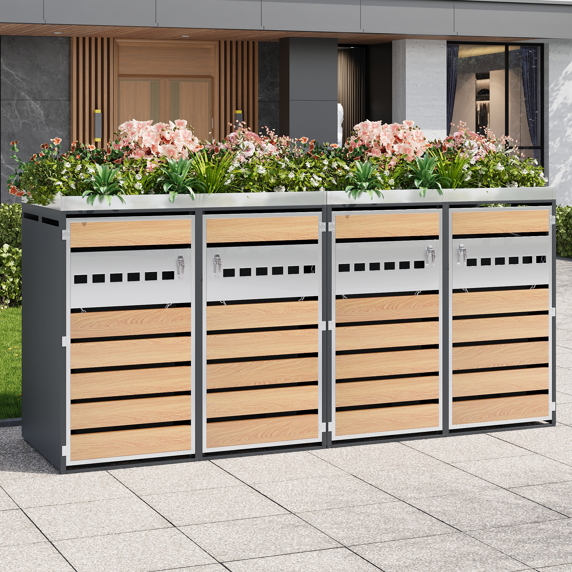 Garbage Can Box, With Diamond-shaped Ventilation Holes, Trash Storage Compartments, Lockable, Four Doors, Planting Area