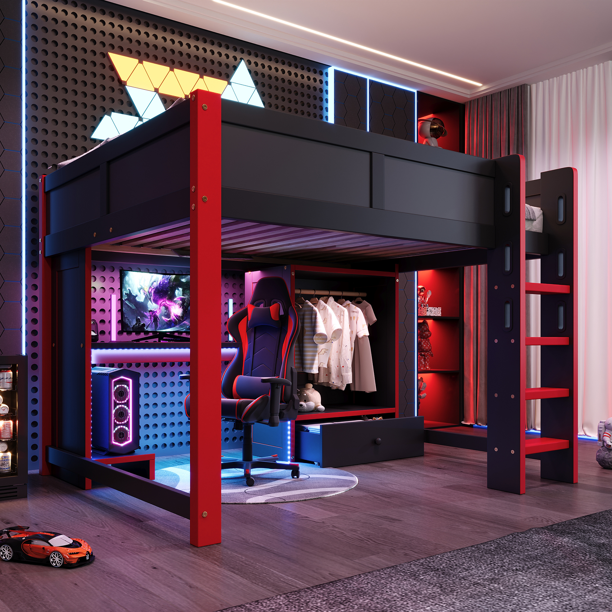 Loft Bed, 140x200 Cm, With LED Lighting, Gaming Bed With Desk, Desk, Ladder, Wardrobe, Large Drawers, Mattress Not Included, Black  Red