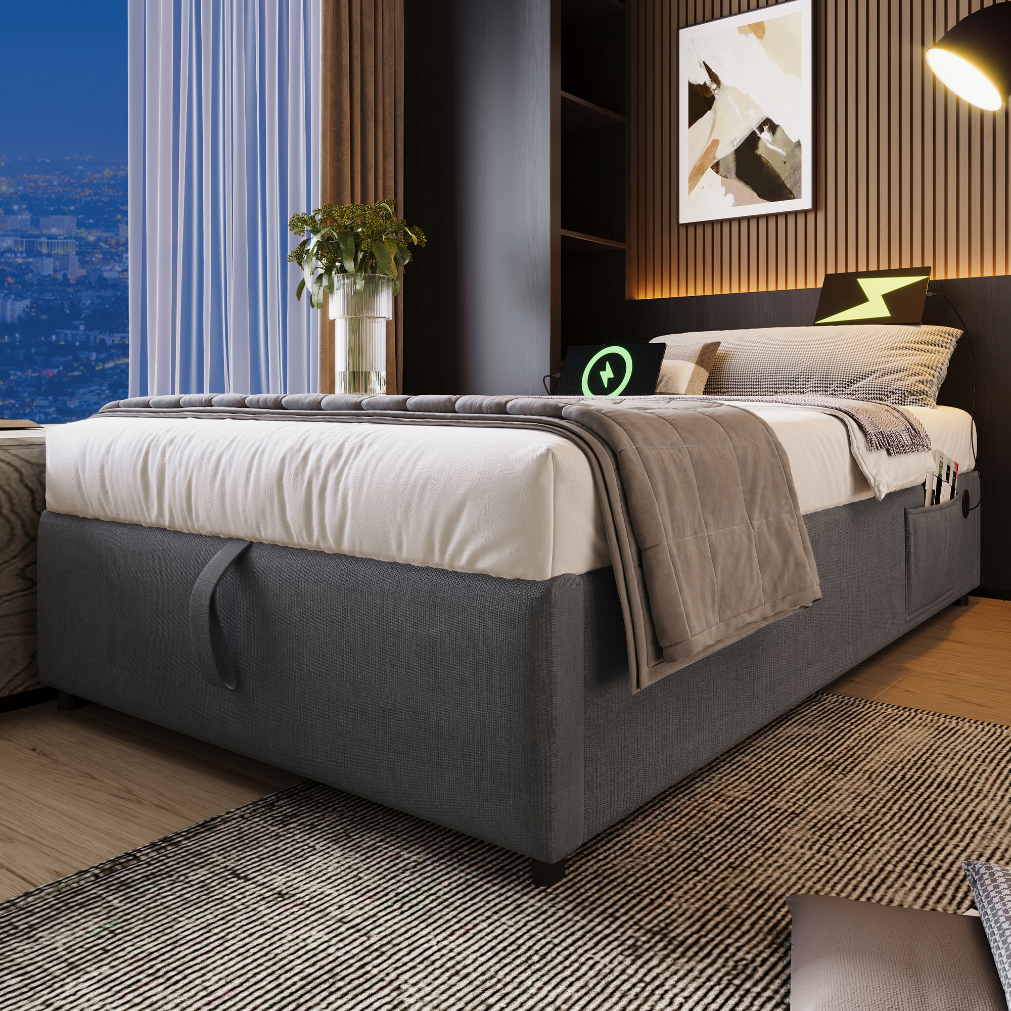 Upholstered Bed Single Bed 90x200 Cm, Structured Bed Frame With USB-C And Full Surface Slatted Frame, Without Headboard, Cotton, Grey 3