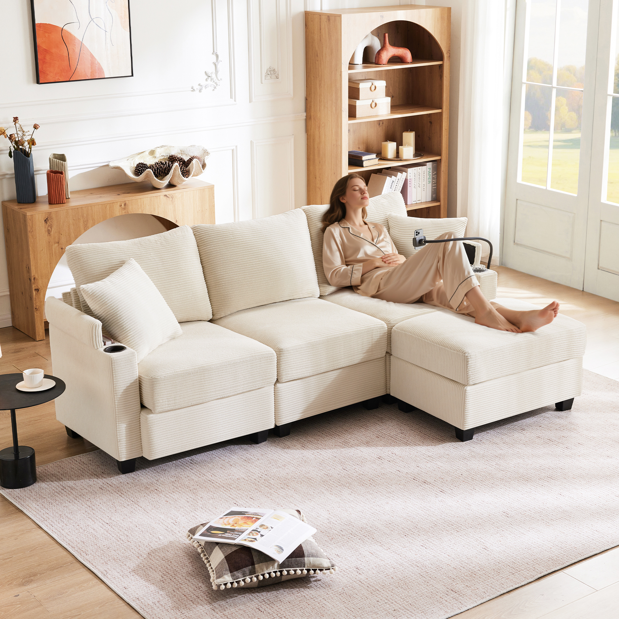L-Shaped Corner Sofa, Convertible 3 Seater Sofa With Footstool, Cup Holder, USB Charger, Armrest Rest And 2 Cushions, Suitable For Living Room Office 