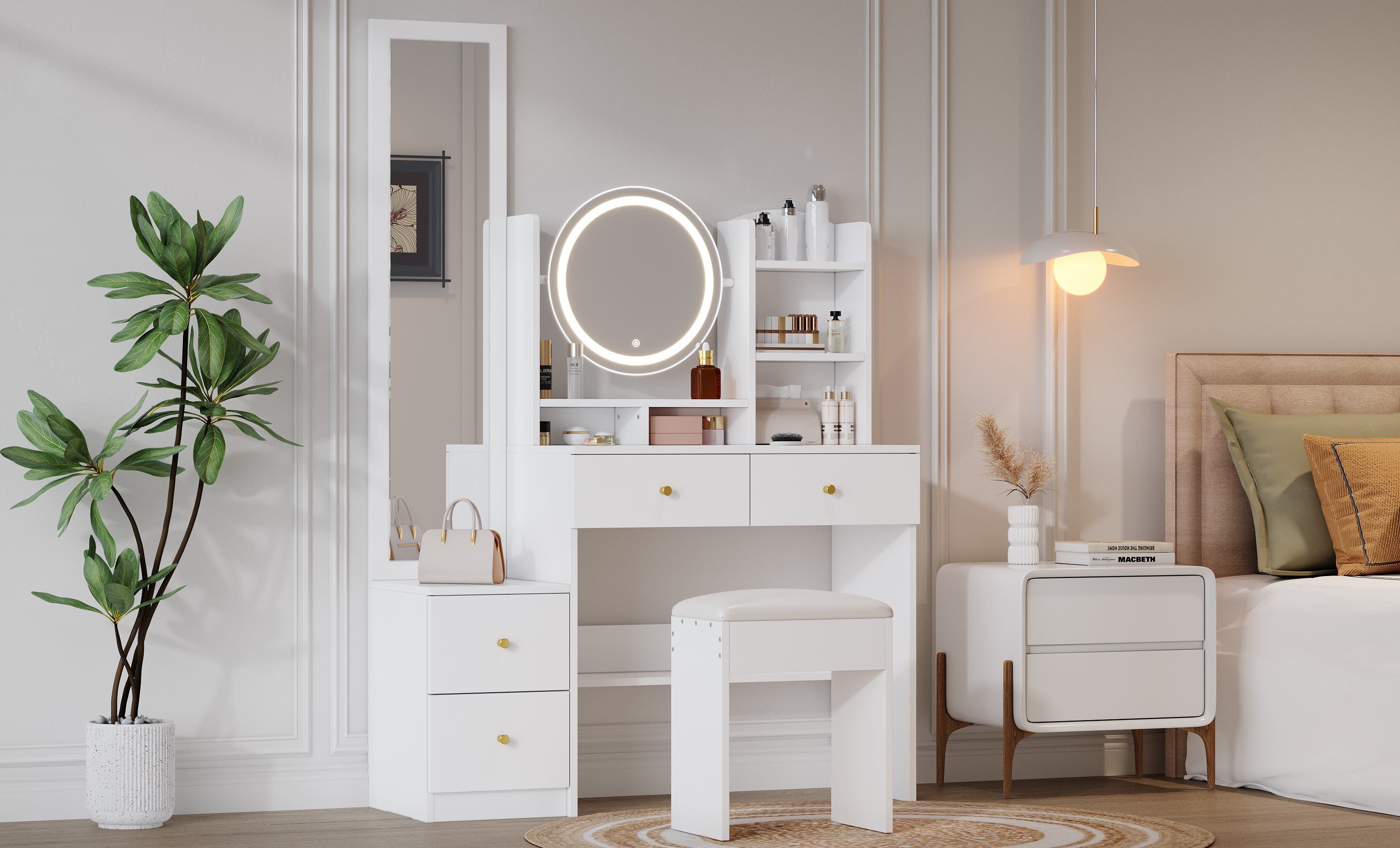 4-in-1 Vanity Table Makeup Table With Full-length Mirror And Rotating Table Mirror, Vanity Stool, 3-color LED Lighting, Metal Handle, White 3