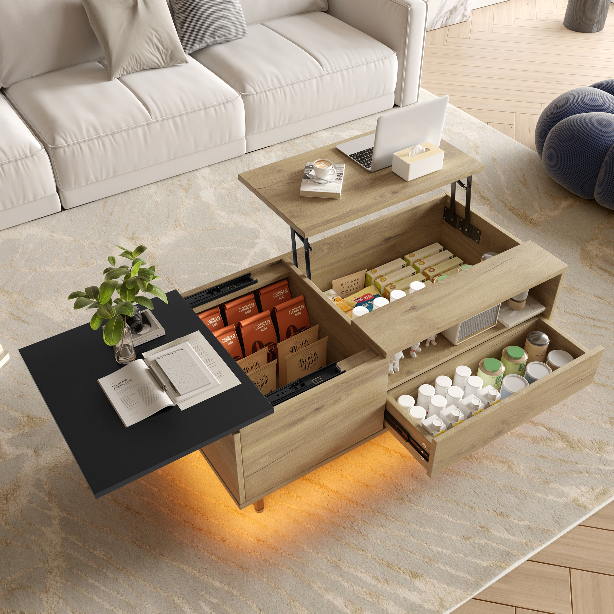 Height-adjustable Cabinet With LED Floor Light & Ample Storage Space  Customisable, With Drawers And Compartments, Tailor-made For Multifunctional Minimalist Living Rooms.