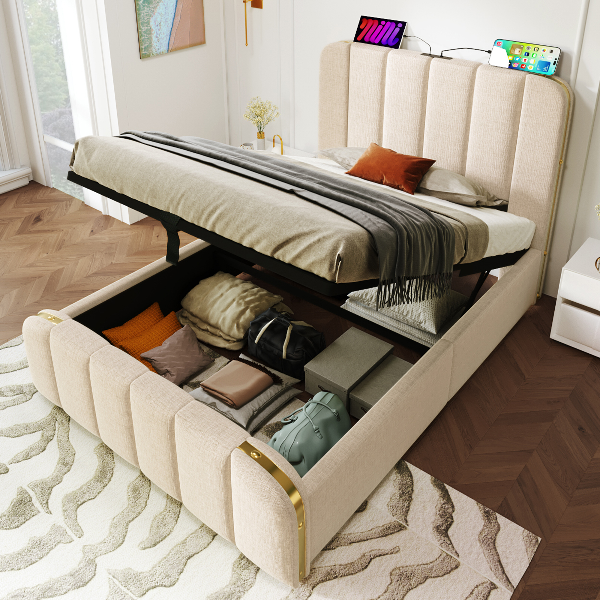 Upholstered Bed Single Bed, Upholstered Headboard With Golden Decorative Stripes And USB Type-C Charging Function 90X200 Cm, Beige Linen Material Hydr