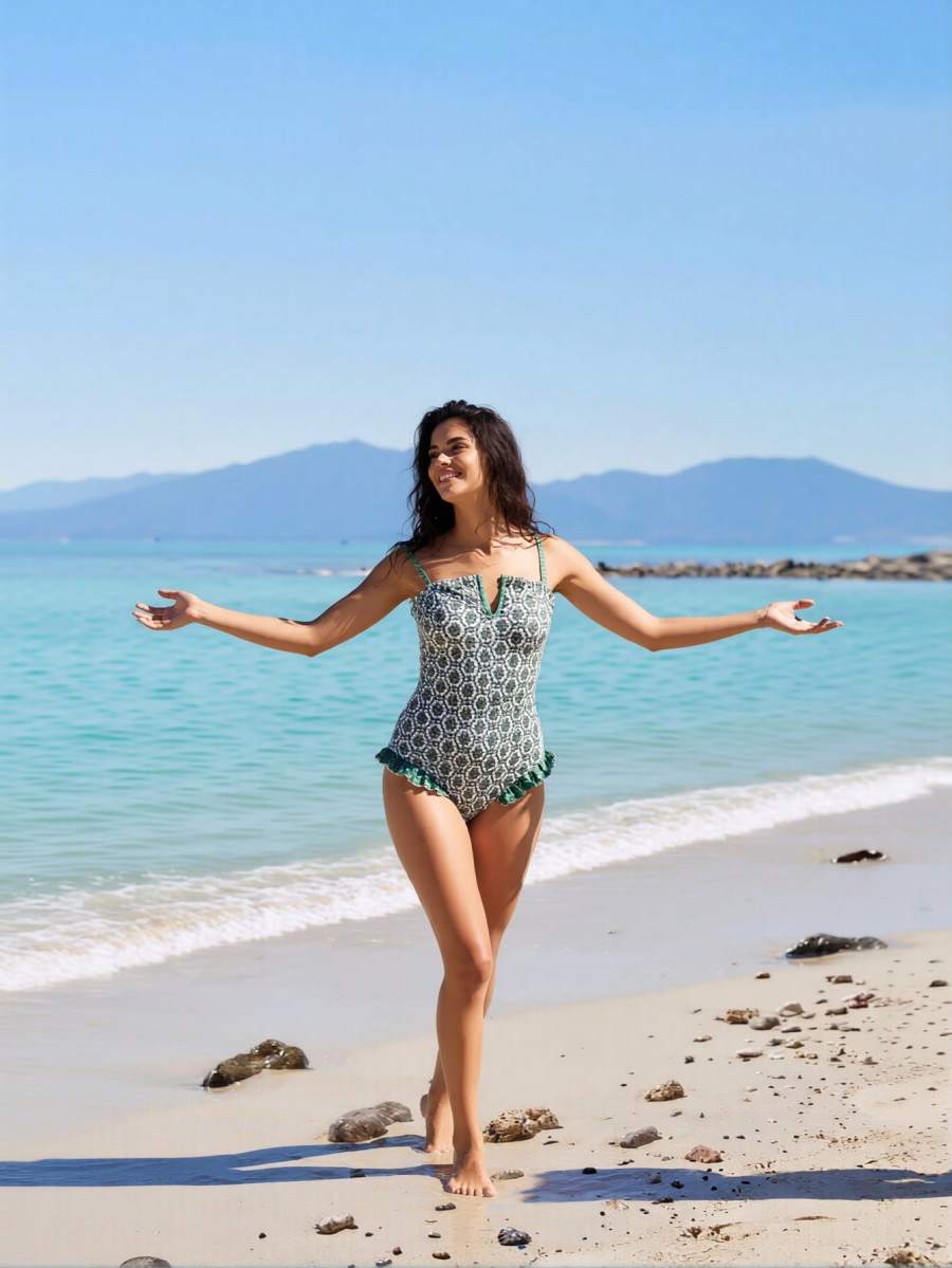 2026 New Women's One-Piece Swimsuit Green Geometric Print With Ruffled Hem Detail, V-Wire Accent And Ruched Tummy Control