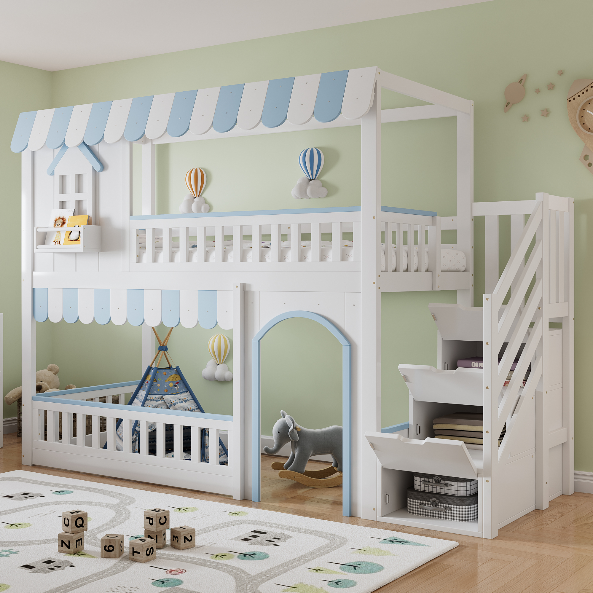 Bunk Bed, Cot, With Stair Storage Cabinet, Exquisitely Crafted Windows And Decorative Details, Sturdy Slatted Frame, Pine  MDF Plywood, White Blue, 90x200cm