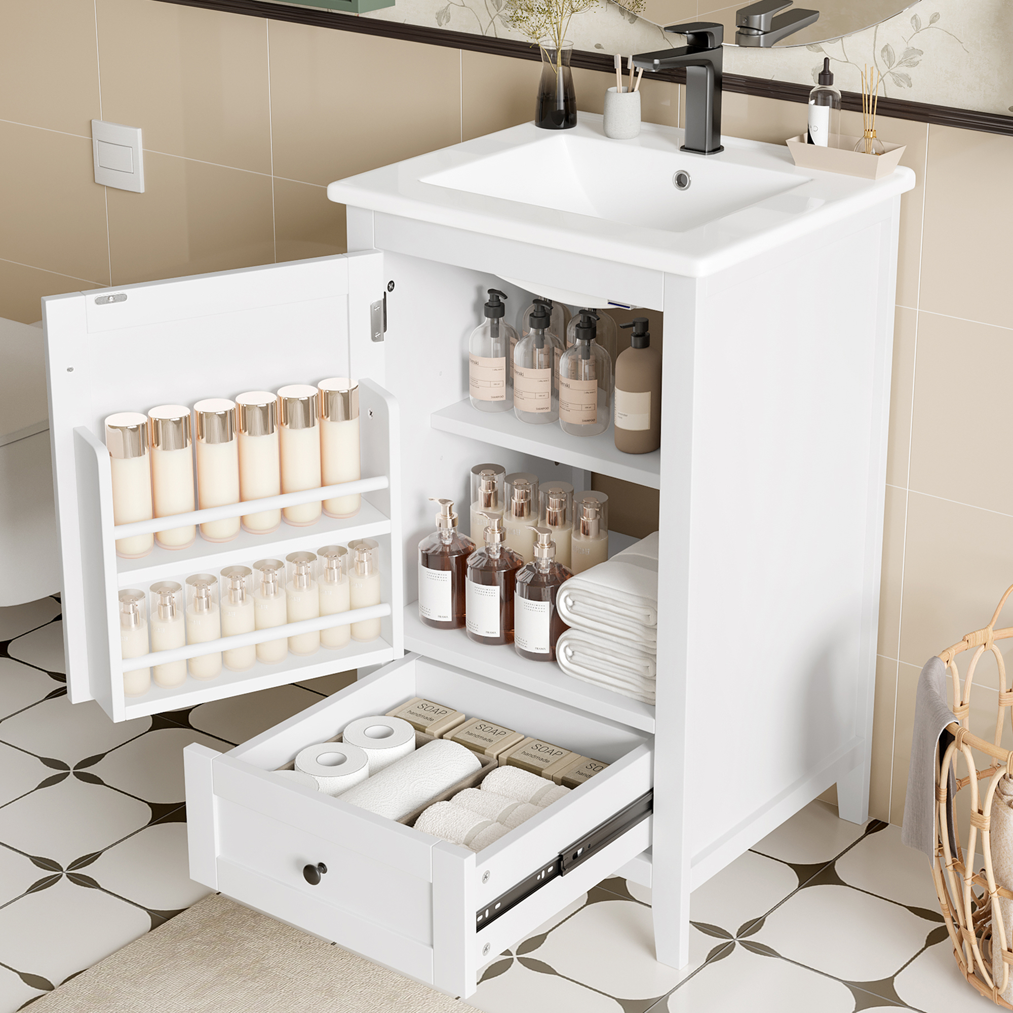 51x46x85cm Floor-standing Bathroom Cabinet With Washbasin, Vanity Unit, Fully Lacquered Finish, Door Shelf, Silent Drawer With Large Capacity, Adjusta