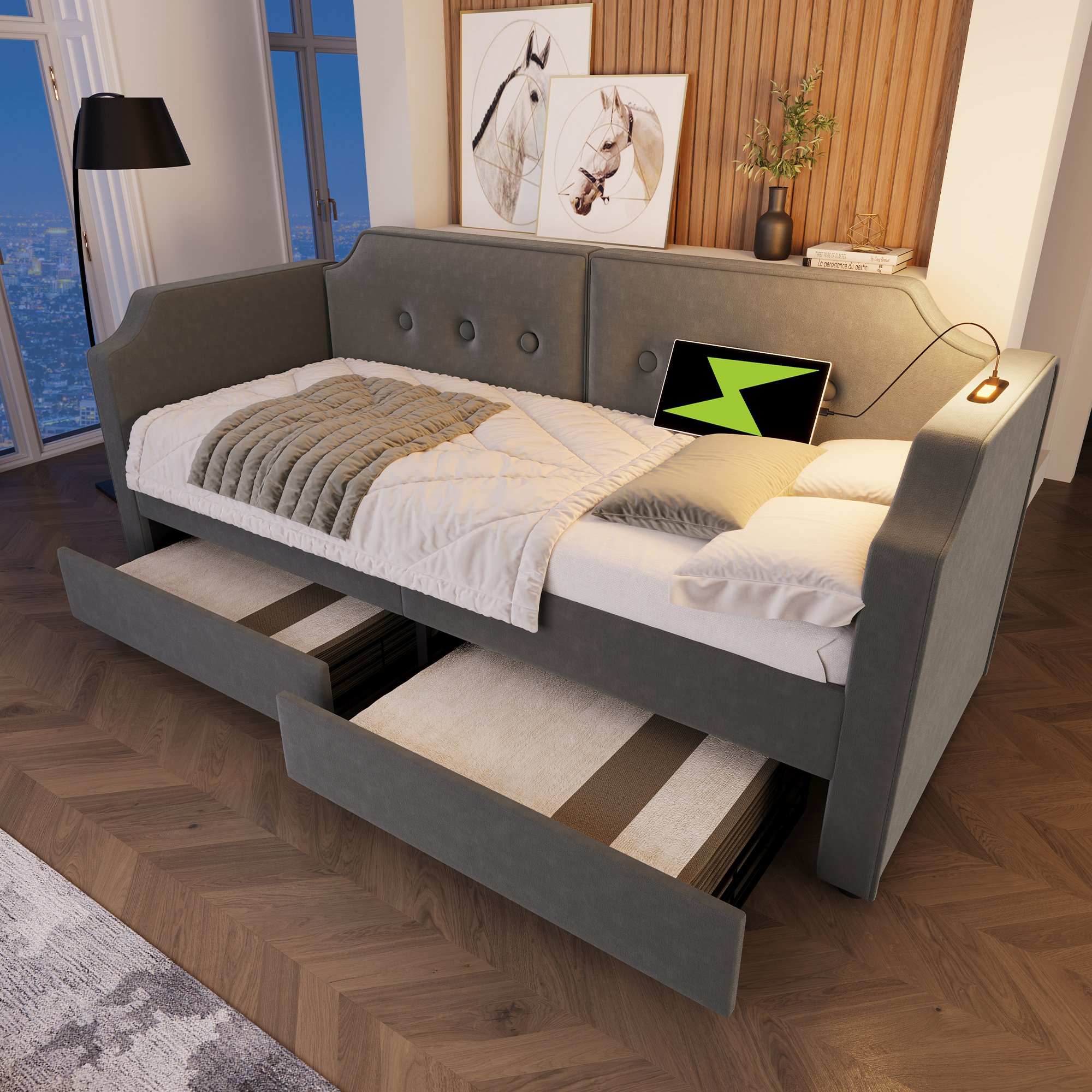 Upholstered Bed Sofa Bed 90x200 Cm With USB Type-C Reading Light, Sofa Bed Daybed With 2 Storage Drawers, Children's Bed Youth Bed Frame With Slatted Base Made Of Wood, Velvet, Grey Without Mattress