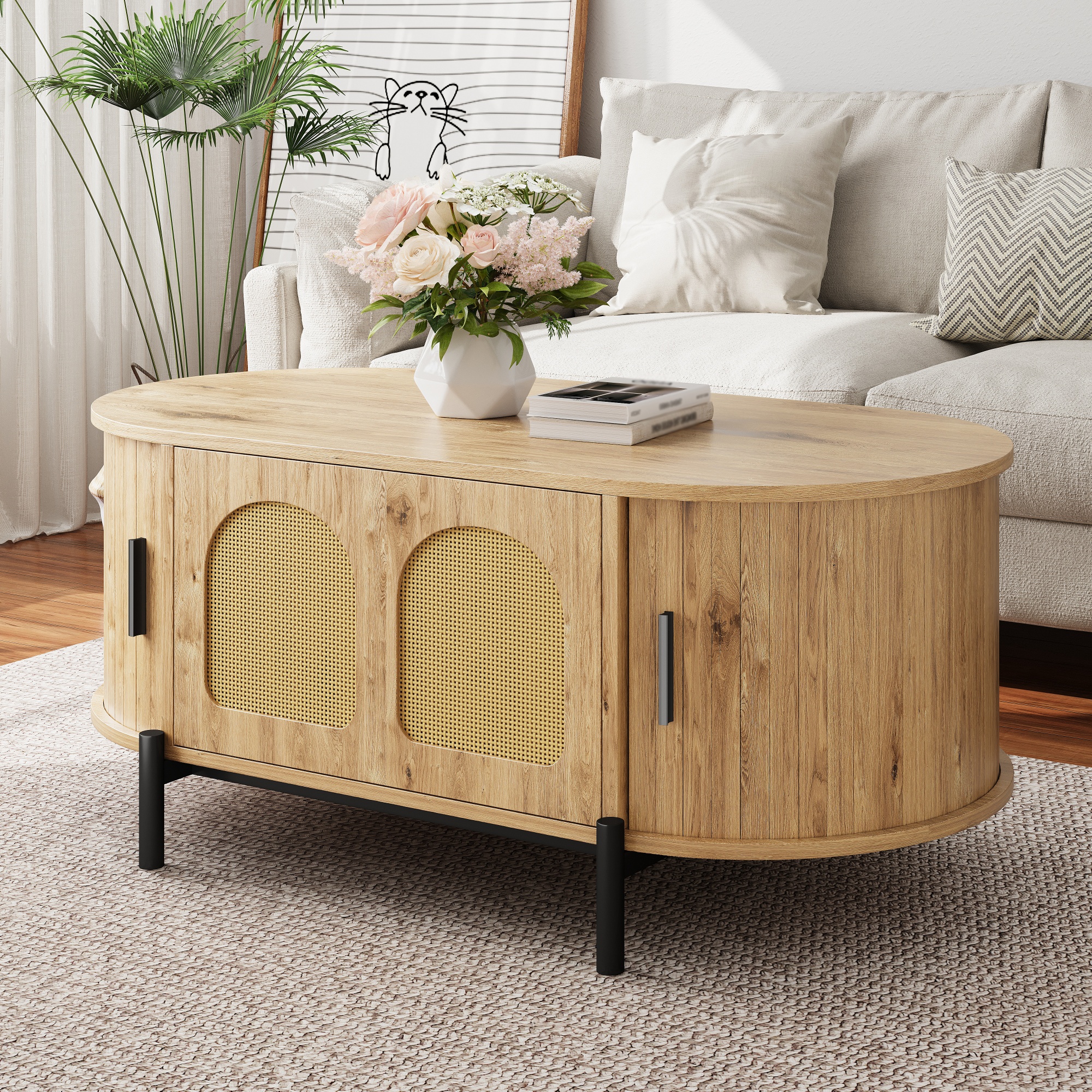 Oval Coffee Table With Rattan, Sliding Doors, Wood Look, Metal Legs, Multifunctional Living Room Table With Storage
