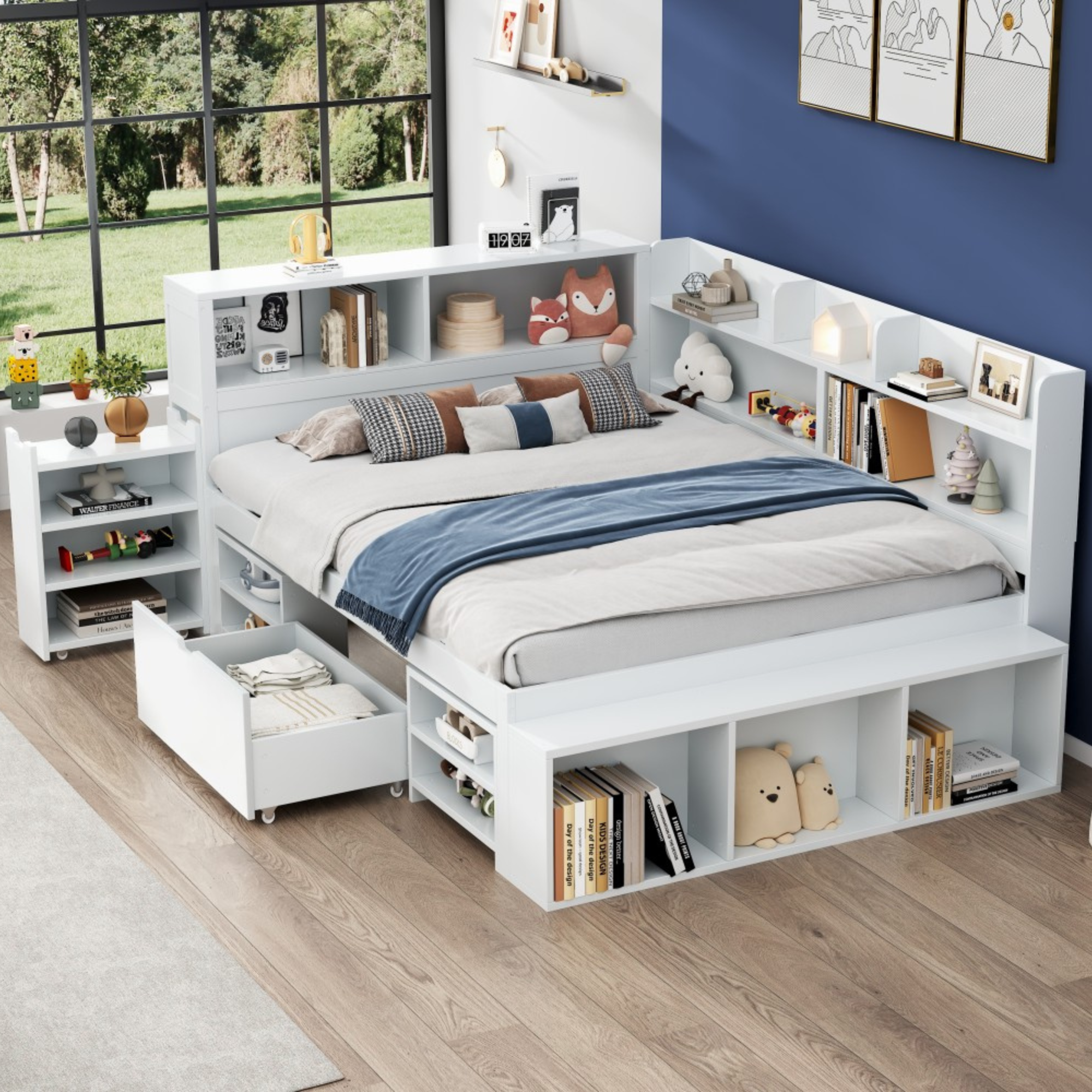 Children's Bed, 140 X 190 Cm, Single Bed, Multifunctional Children's Bed With Drawers And Shelves, Large Storage Space, Slatted Base, Mattress Not Included, White.