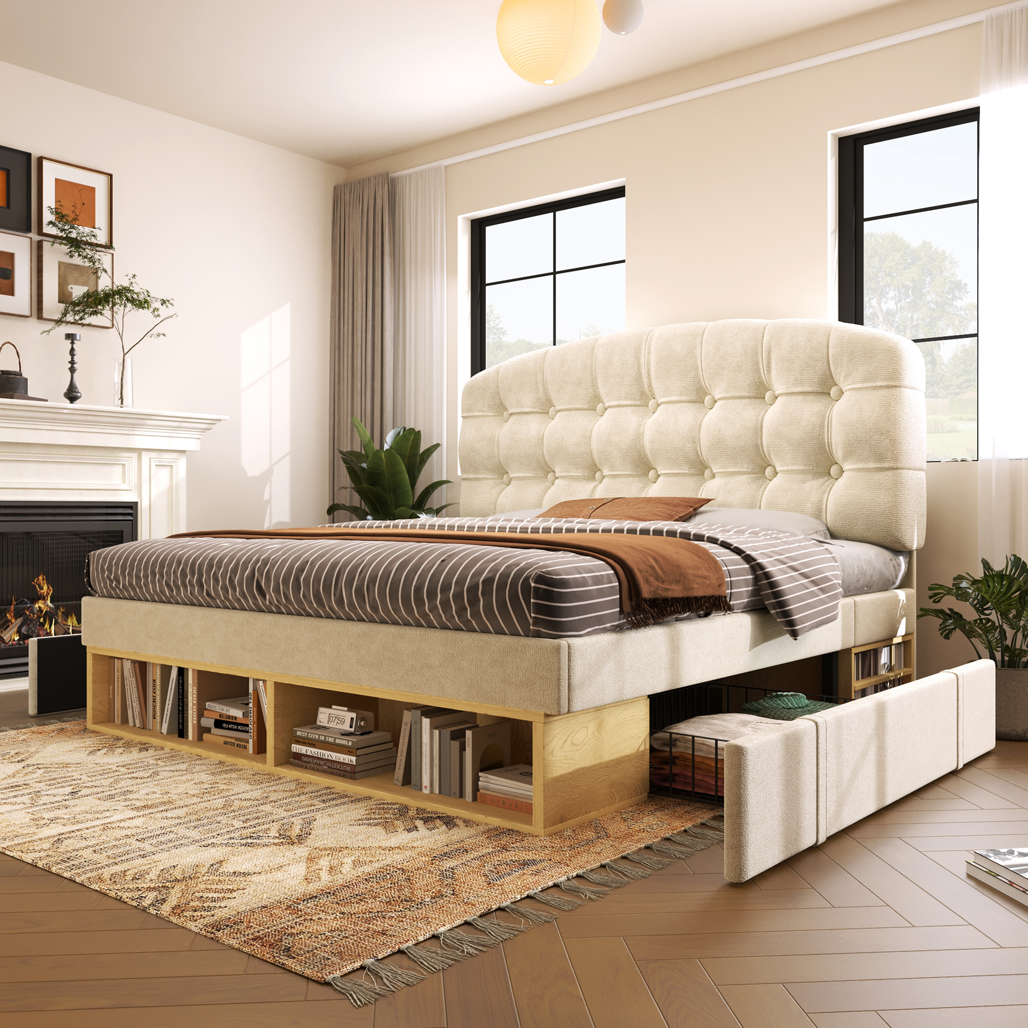 Double Bed 140x190 Upholstered Bed Velvet Beige With Slatted Base, Bed Frame With Curved Height-adjustable Headboard, Bed With Drawers And Storage Space, Bedroom Upholstered Bed Without Mattress.
