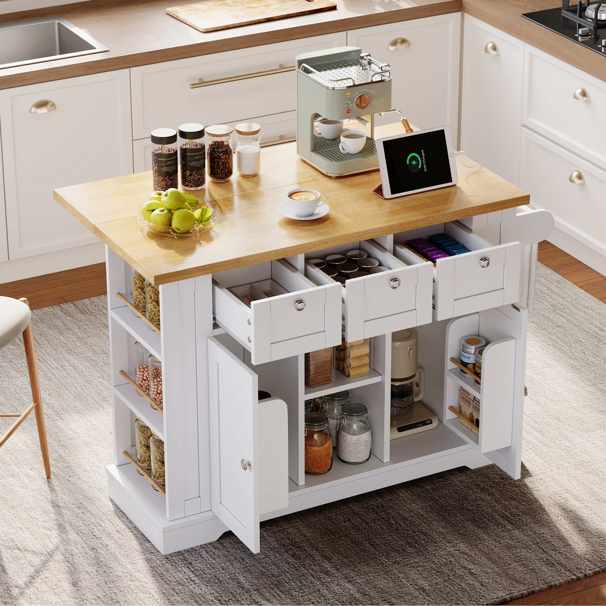 Îlot de Cuisine Mobile 132cm, Style Campagnard, Plan de Travail Pliant