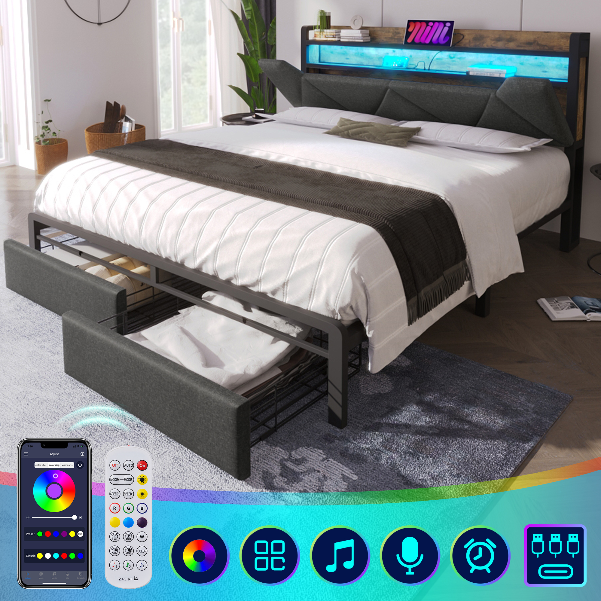 Sofa Bed With USB Type C Charging Function, Storage Head Part And LED Lighting And Drawer, Double Bed 140x200 Storage Bed Frame With Metal Frame, Grey