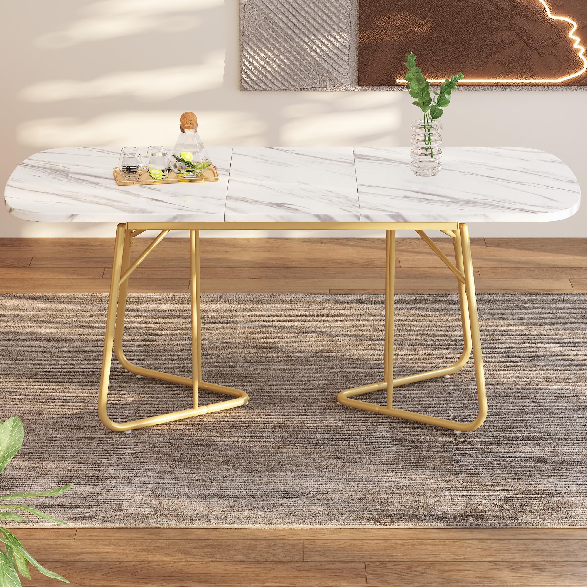 Table à manger extensible blanche avec structure en marbre – Image 4