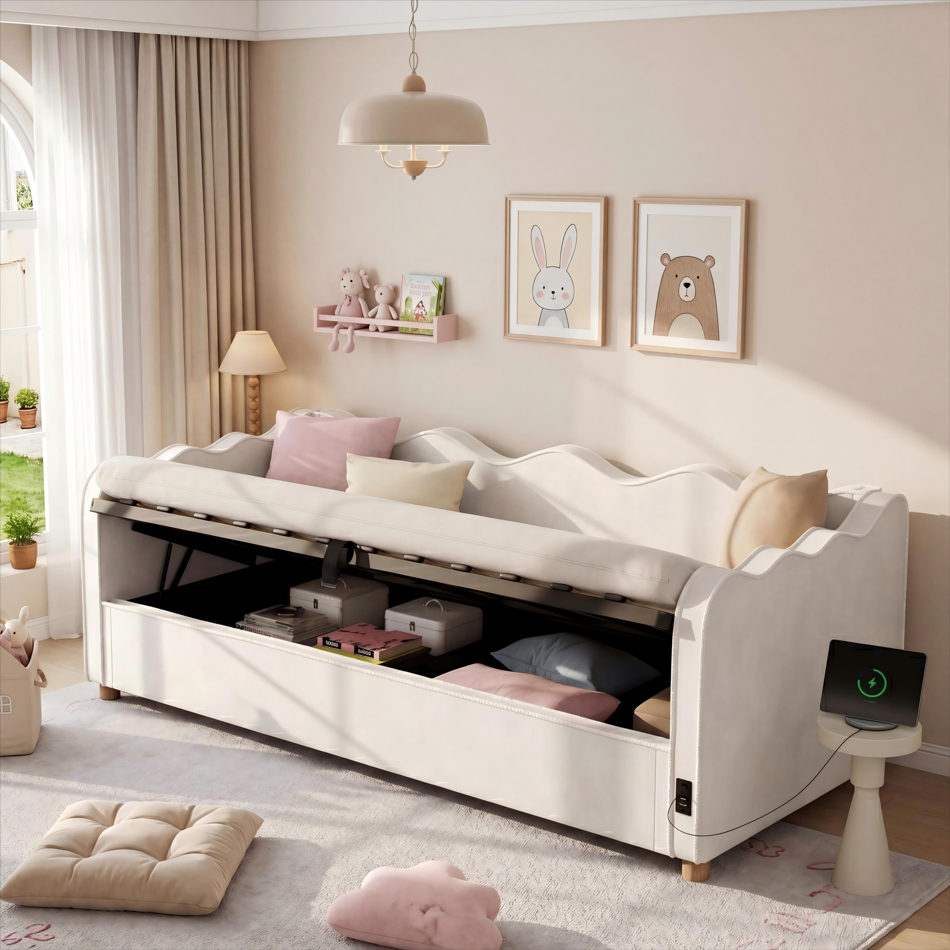 Daybed 90x200 Cm With Hydraulic Storage, Upholstered Bed, Daybed, Sofa Bed With USB & Backrest, Velvet, Beige 3