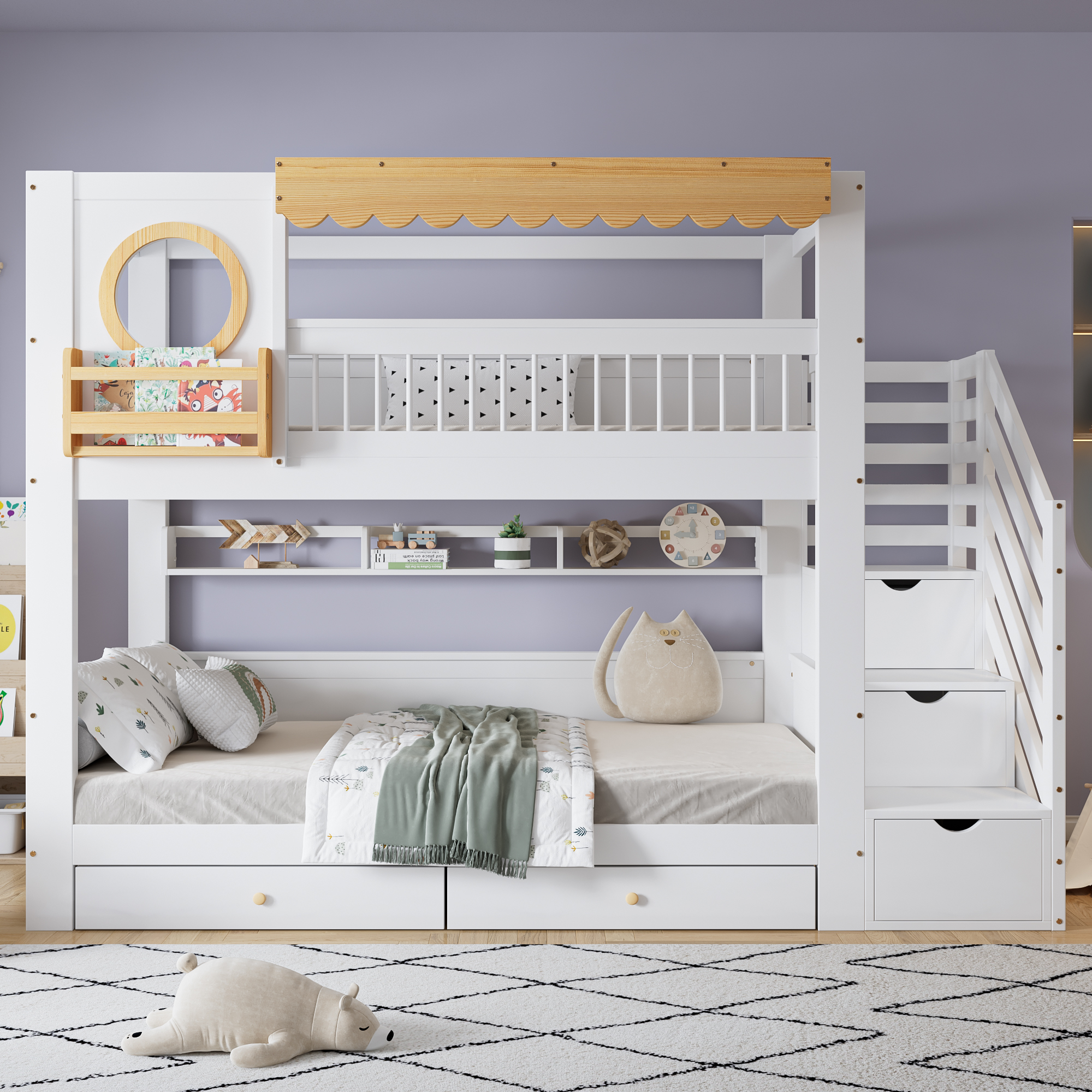 Bunk Bed, Cot, Two Storage Drawer With Wheels, With Stair Cupboard, With A Set Of 2 Meter Long Shelves, Side Shelf, Pine  MDF , White Natural, 90x200cm