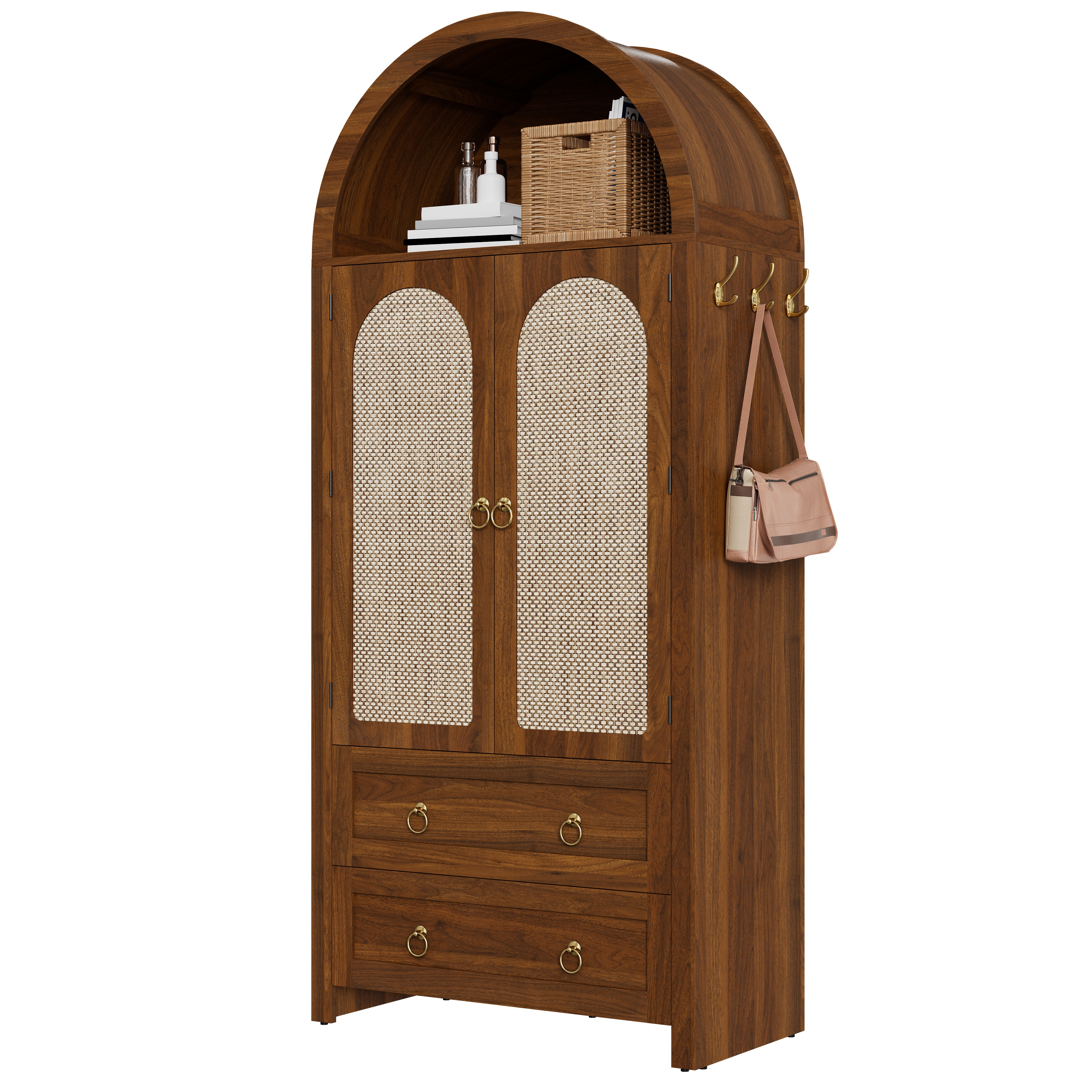 Wicker Bow Style Sideboard, , Double Drawers, Vintage Sideboard For Living Room And Bedroom, Storage Cabinet