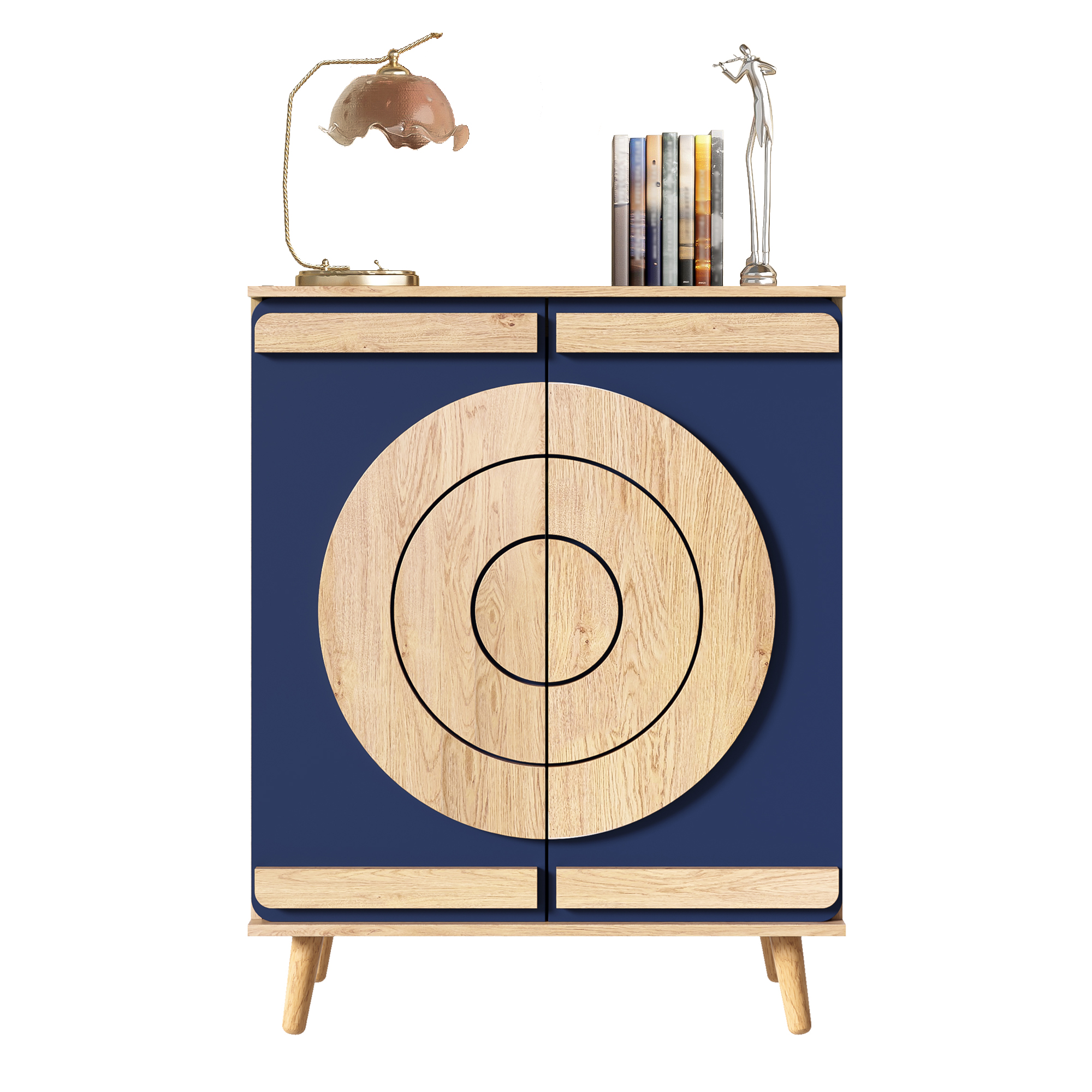Modern Shoe Cabinet With Round, Geometric Doors, Multi-level Storage Space, And Sturdy Wooden Legs.