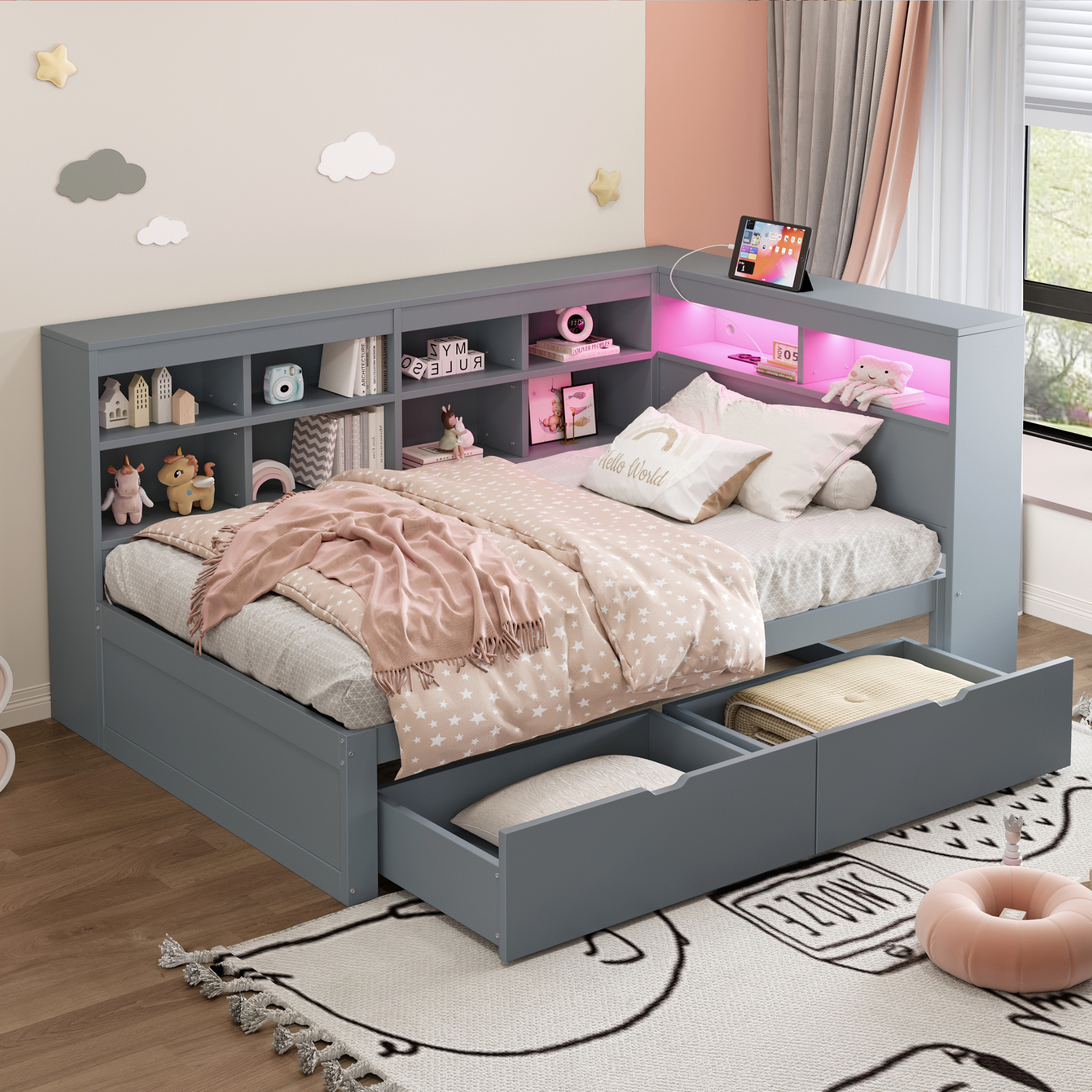 Solid Wood Sofa 90X200 Cm, With Storage Compartments, Bed With USB And Socket With LED Strip, With Shelves And Storage Compartments, Plenty Of Storage Space, Multifunctional Single Wood Bed, Grey
