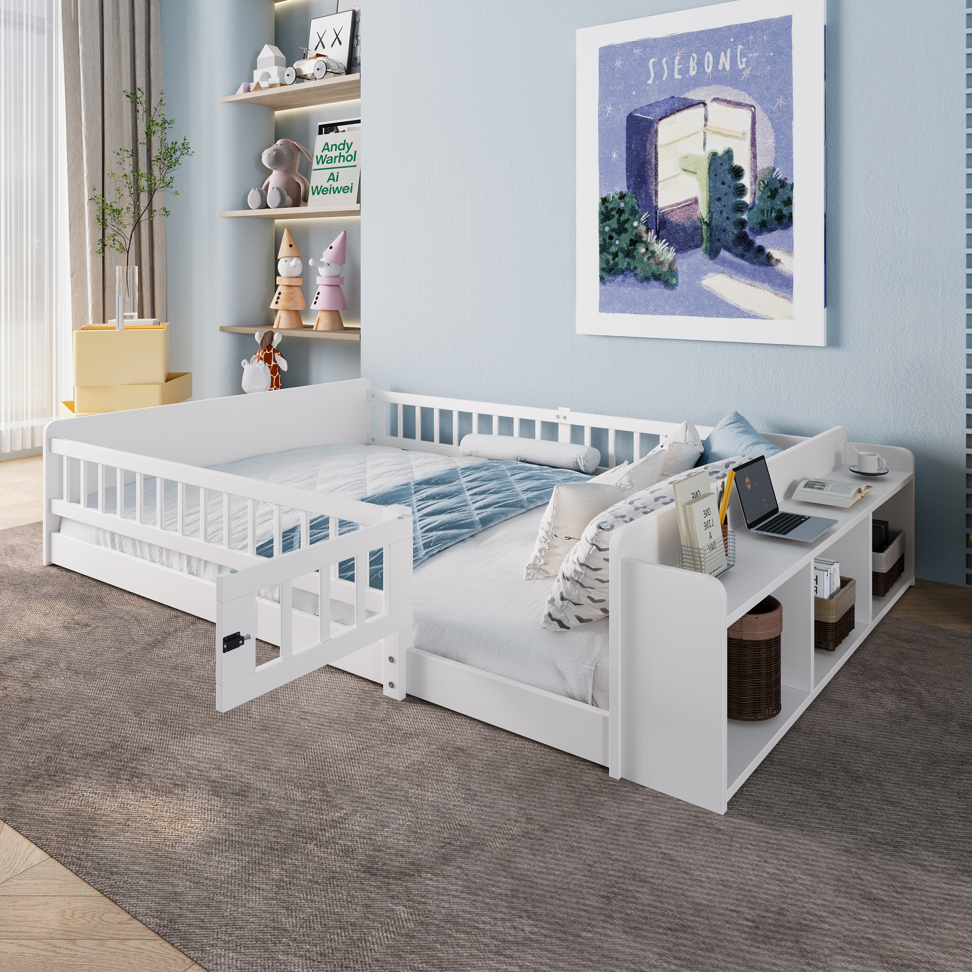 Wooden Bed, Children's Bed, 140 X 200cm, Pinewood, Open Storage, Shelves, Openable Housing, Without Mattress, White