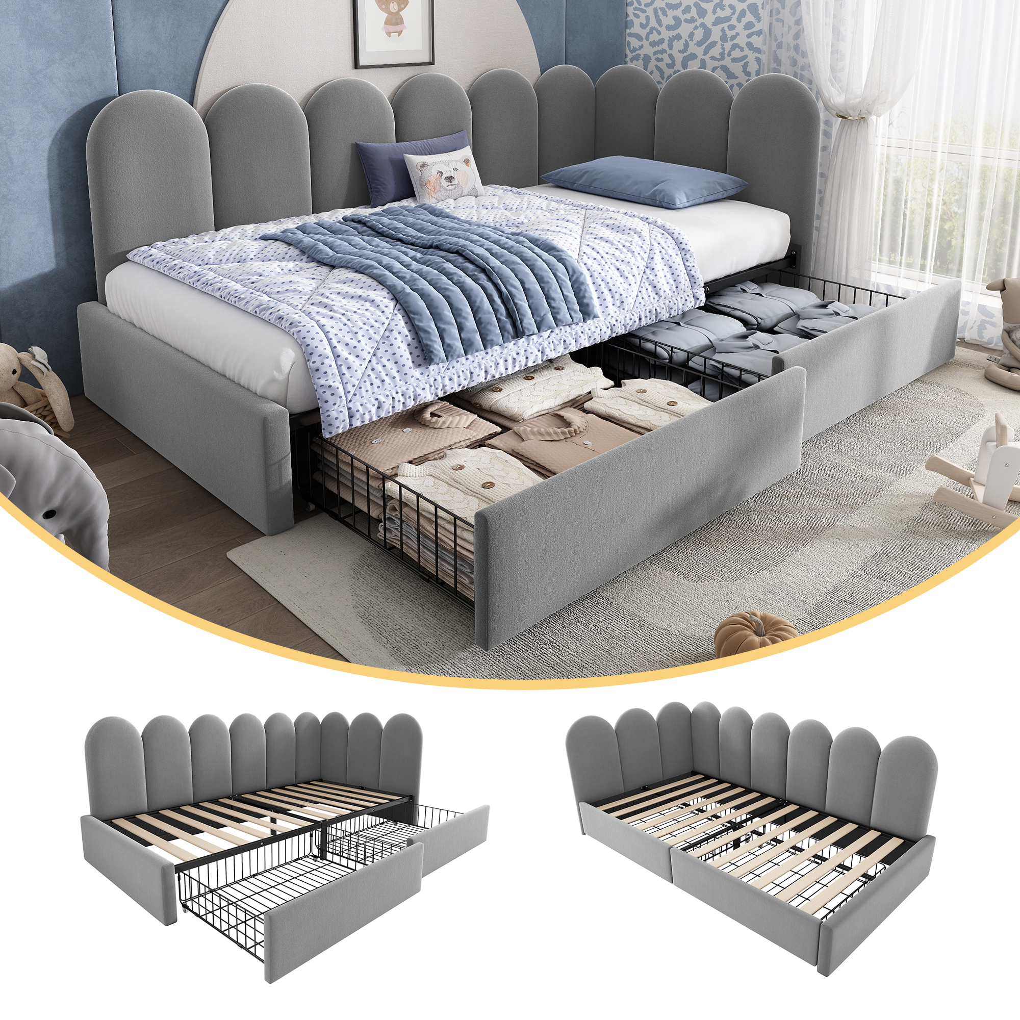Upholstered Bed Single Bed With Drawers Storage Bed Velvet Daybed Daybed Sofa Bed 90x200cm With Slatted Base Youth Bed And Adult Cot,Grey Without Mattress