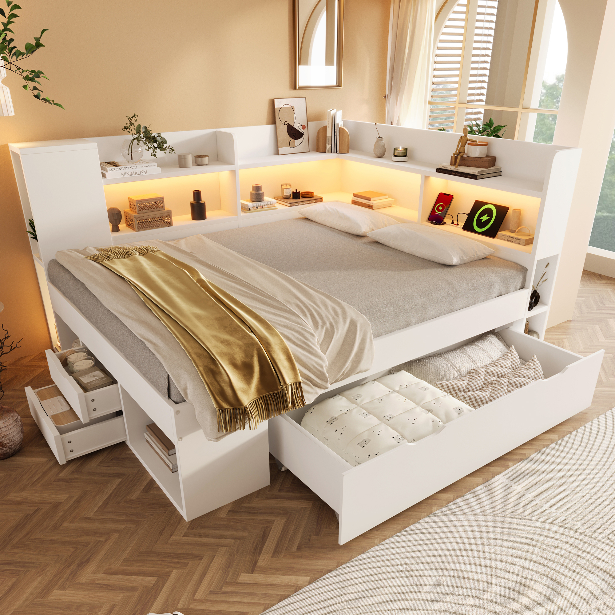 Daybed 140x200 Cm White Functional Bed With LED Lighting Double Bed Made Of Engineered Wood With USB & Type-C Charging Station Storage Space Shelves And Drawers Guest Bed Incl. Slatted Frame  Without
