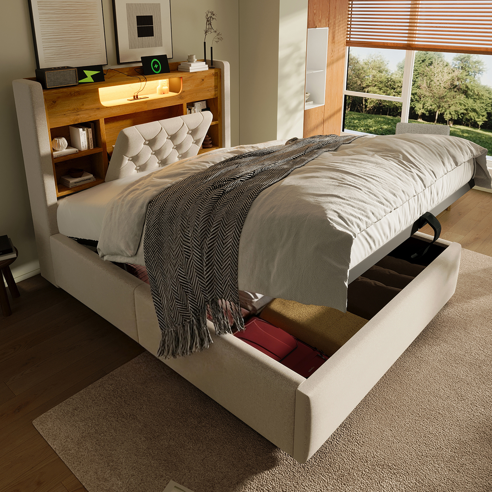 Upholstered Bed 90x200cm With Hydraulic Bed Storage & LED Lighting, Bed Frame With USB Type-C Charging Function, Headboard With Shelf & Storage Space, Linen Fabric, Beige Without Mattress