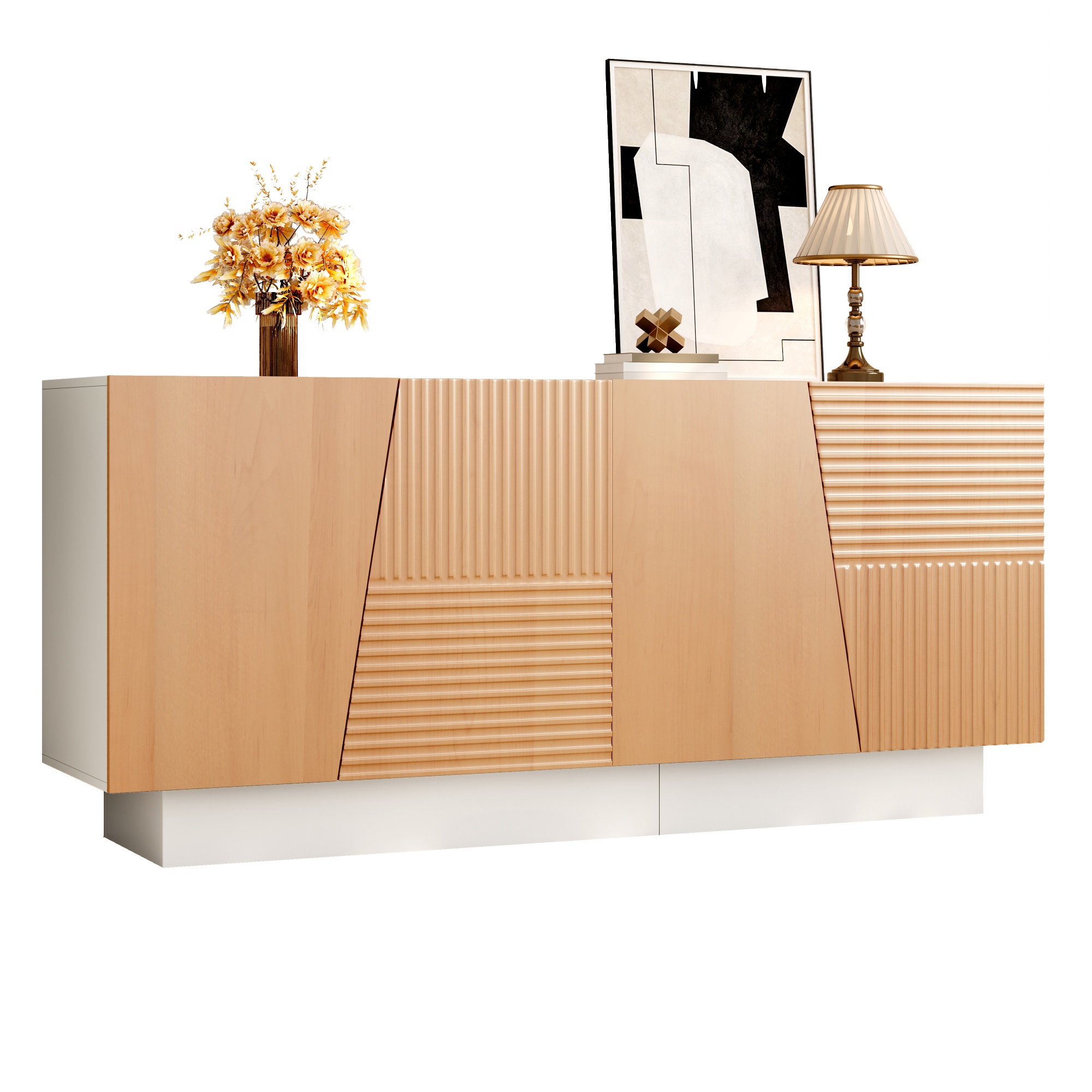 Sideboard, Living Room Cabinet, Geometric Groove Structure, 4 Doors, 2 Separate Storage Spaces, Height-adjustable Shelves