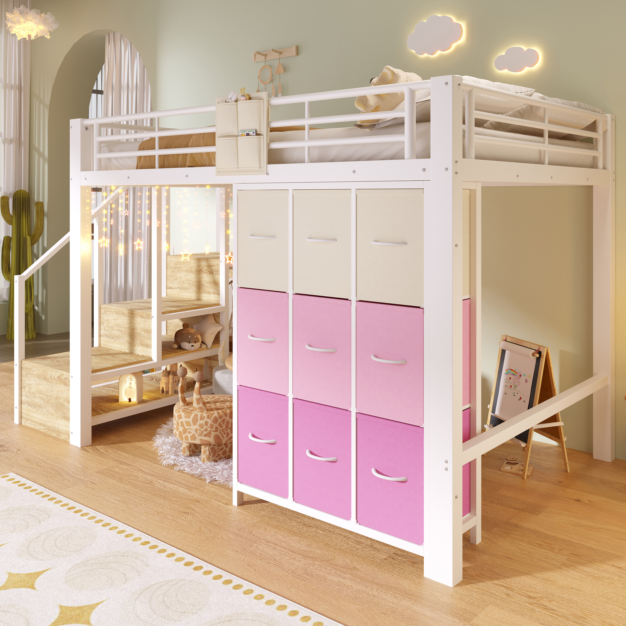 Loft Bed, 140x200 Cm, Metal, With Drawers, Clothes Rail, Railing, Staircase With Storage Space, Without Mattress, White