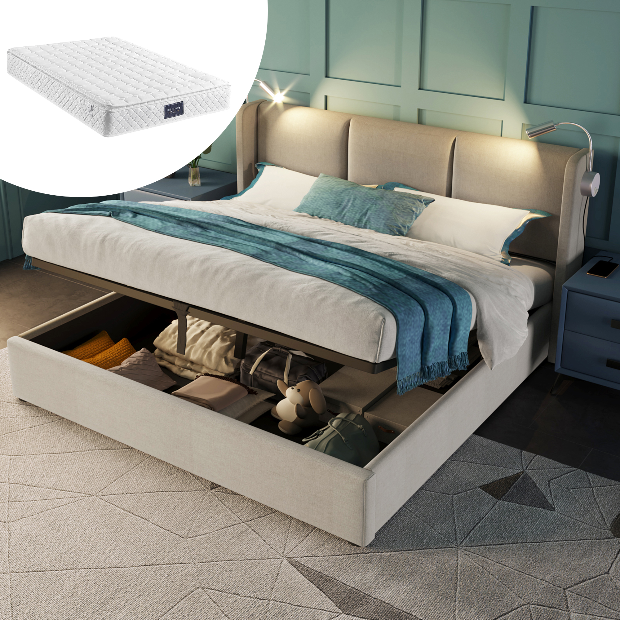 Polsterbett Doppelbett Stauraum Bettkasten Leselicht Mit USB Ladefunktion Kopfteil,Stauraumbetten Bettgestell Aus Leinenmaterial Jugendbett 140x200 Mi