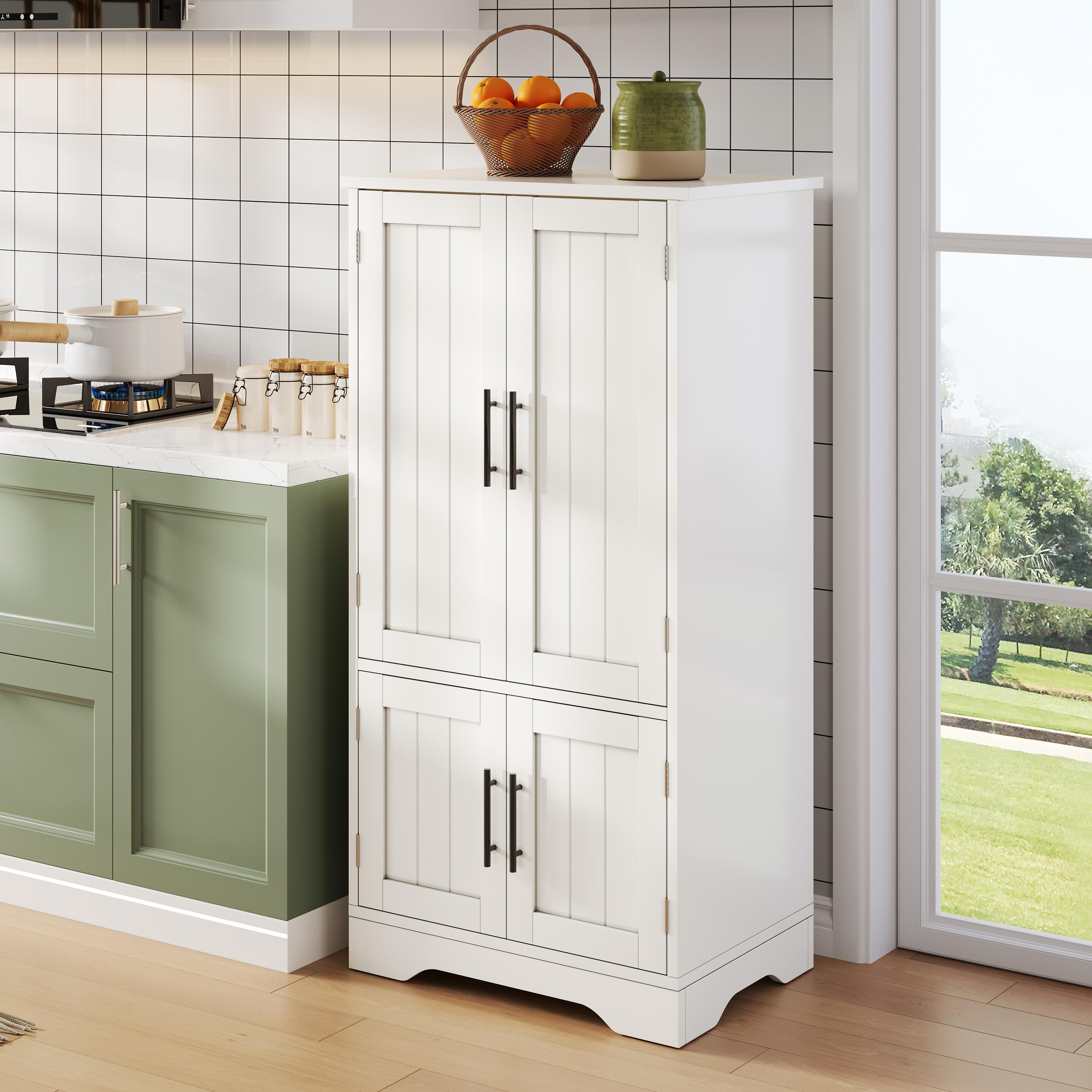 120x60x40cm Kitchen Cabinet With LED Sensor Light, Large 4-door Storage Cabinet With Adjustable Shelves & Door Shelves   Suitable For Kitchen, Dining Room Or Living Room, White