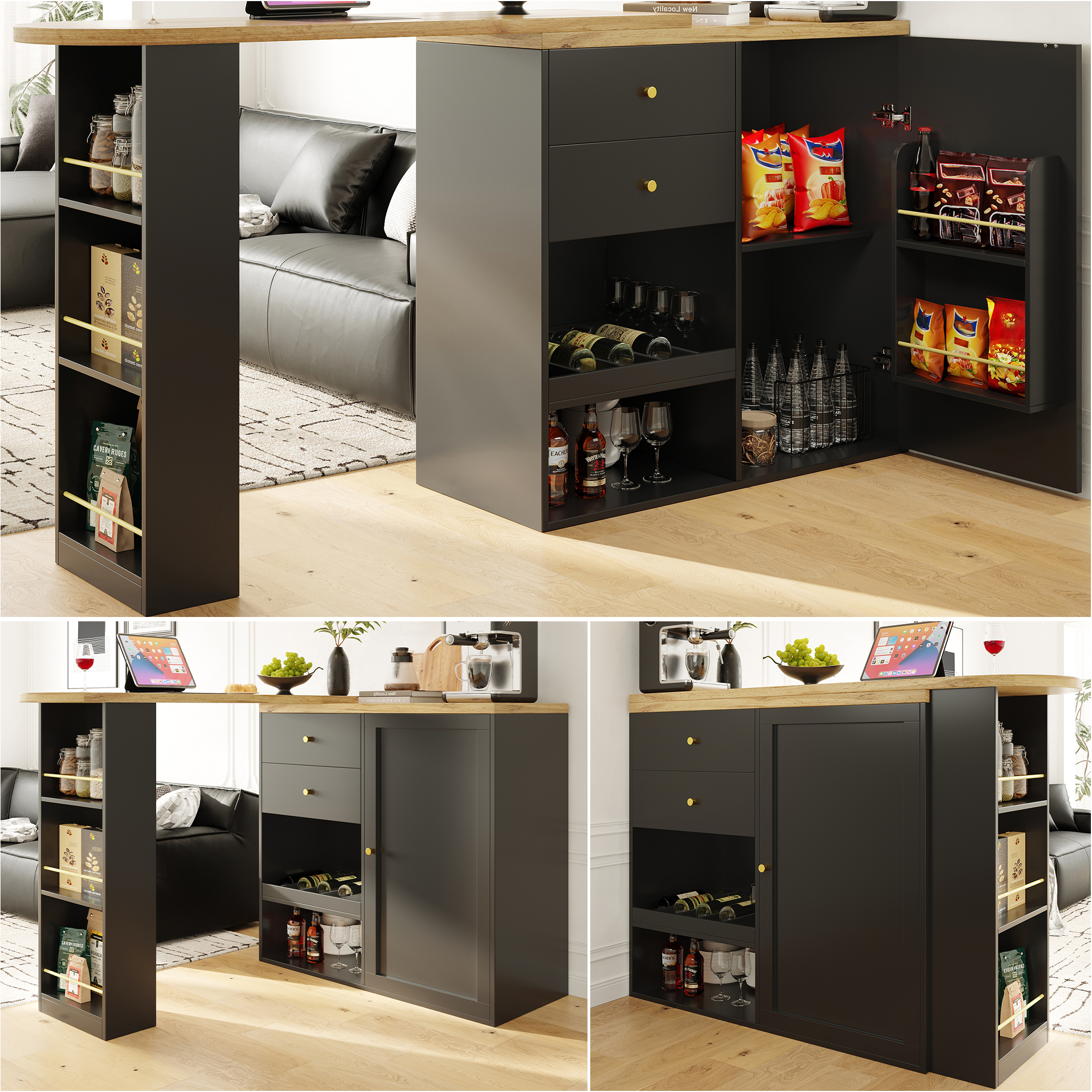 Swivel Bar Table  Main Body 105 X 39 X 102 Cm , With 2 Drawers And Sliding Door Cabinet, 3 Levels Of Open Storage, Suitable For Dining Room Study Living Room, Etc