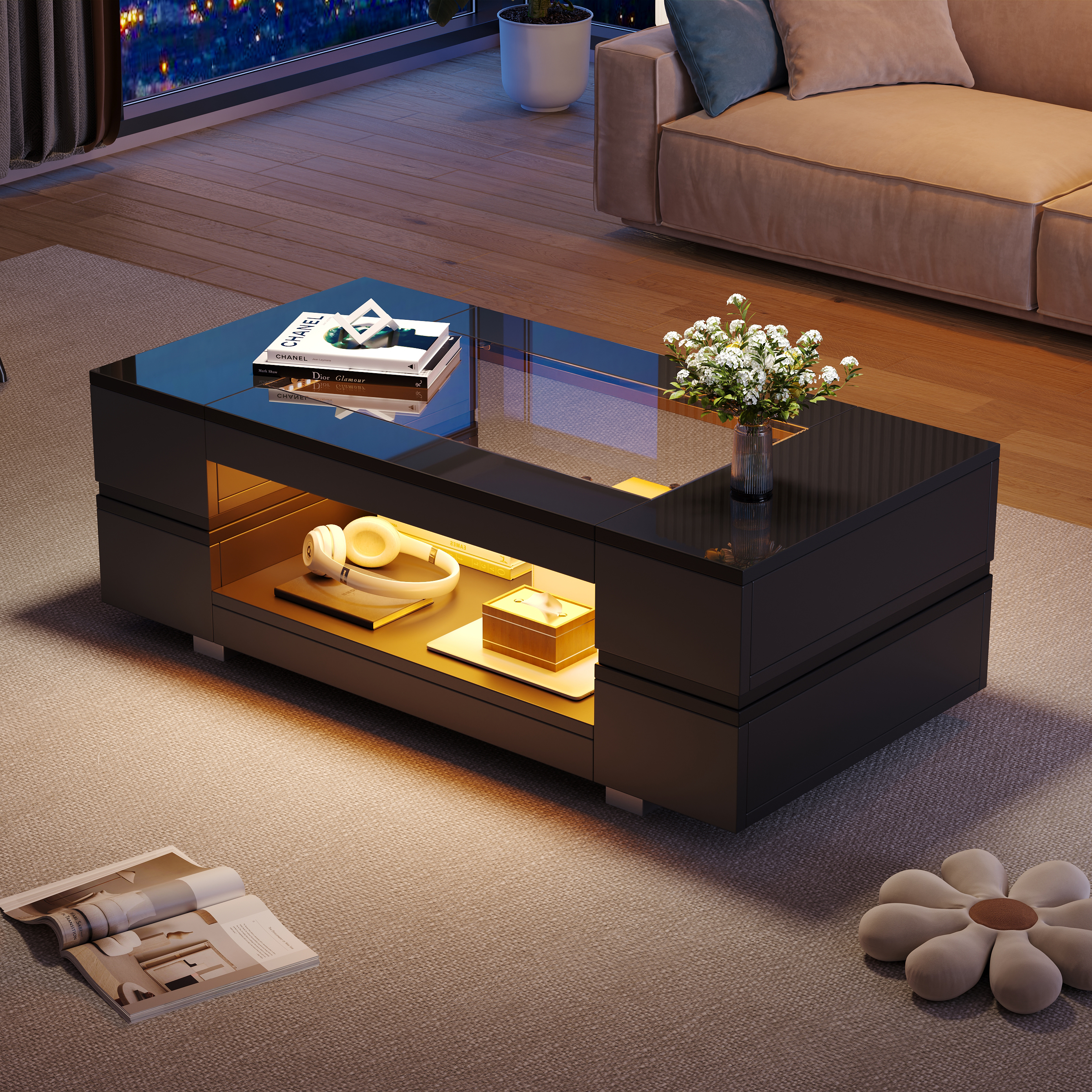 Table basse noire LED avec contrôle d'application Bluetooth, double couche