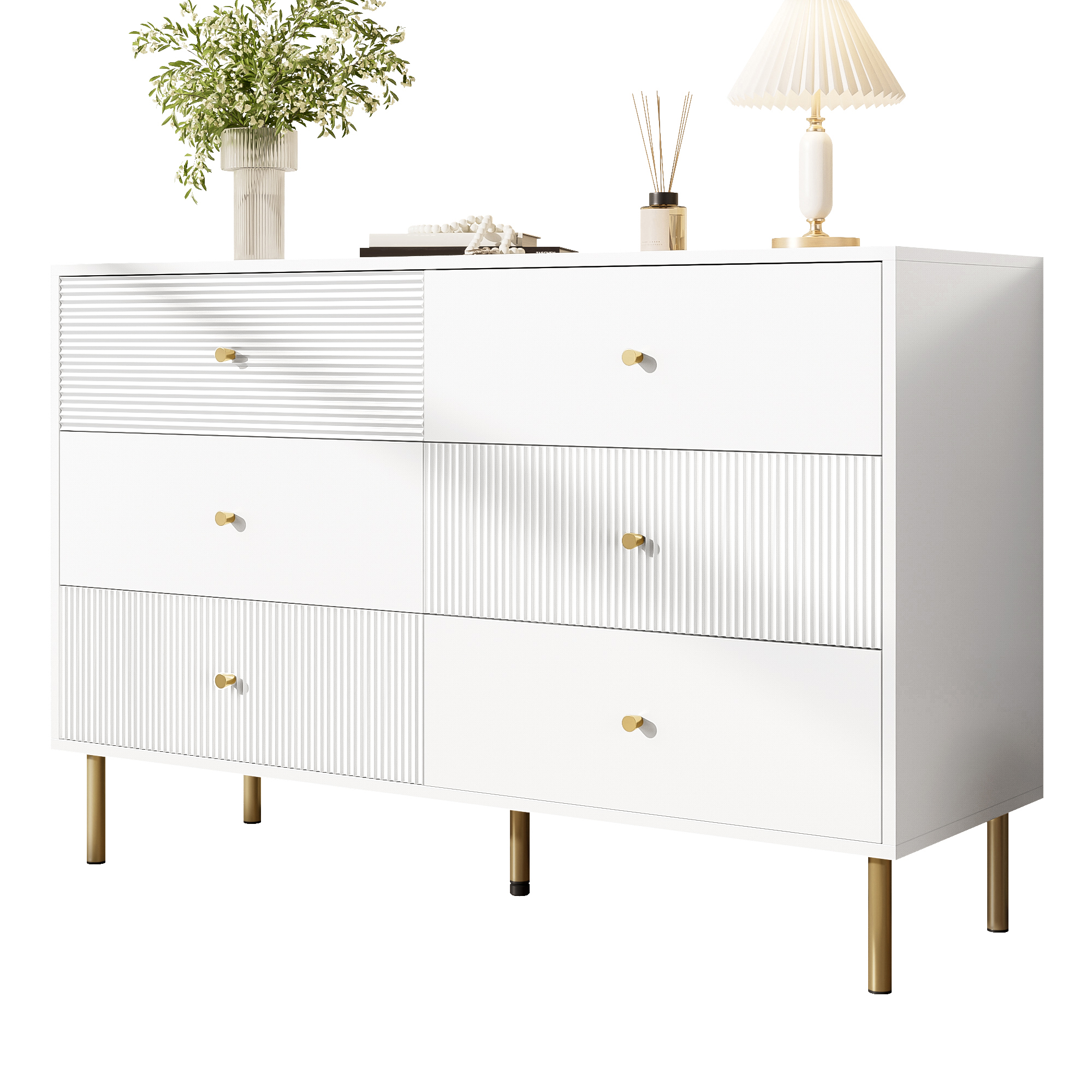 Modern 6 Drawer Chest Of Drawers, White Storage Chest Of Drawers With Zinc Alloy Handles & Steel Legs, 120x40x78cm MDF Cabinet For Bedroom, Living Room, Entryway