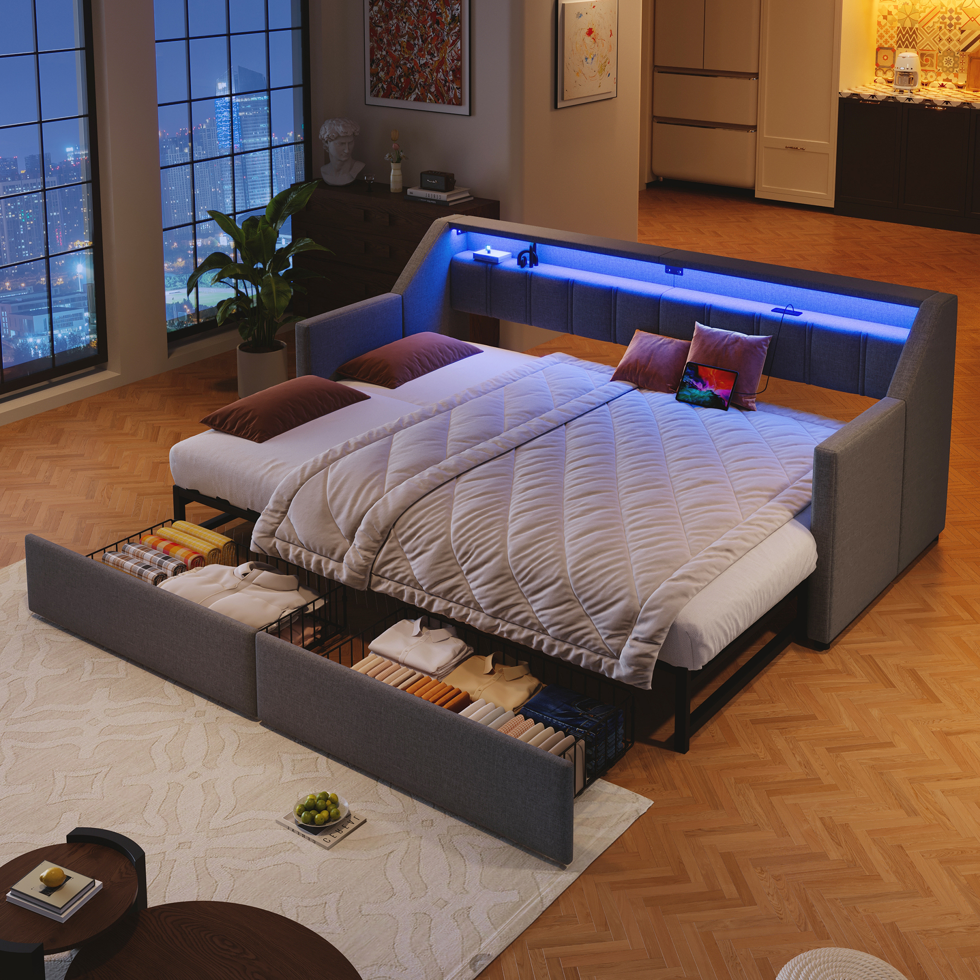 Daybed, Daybed, Sofa Bed,90 X 200cm, With USB And Type-C, LED Bar, With 2 Drawers, Storage Pockets, Multifunctional Pull-out Bed, Without Mattress, Grey
